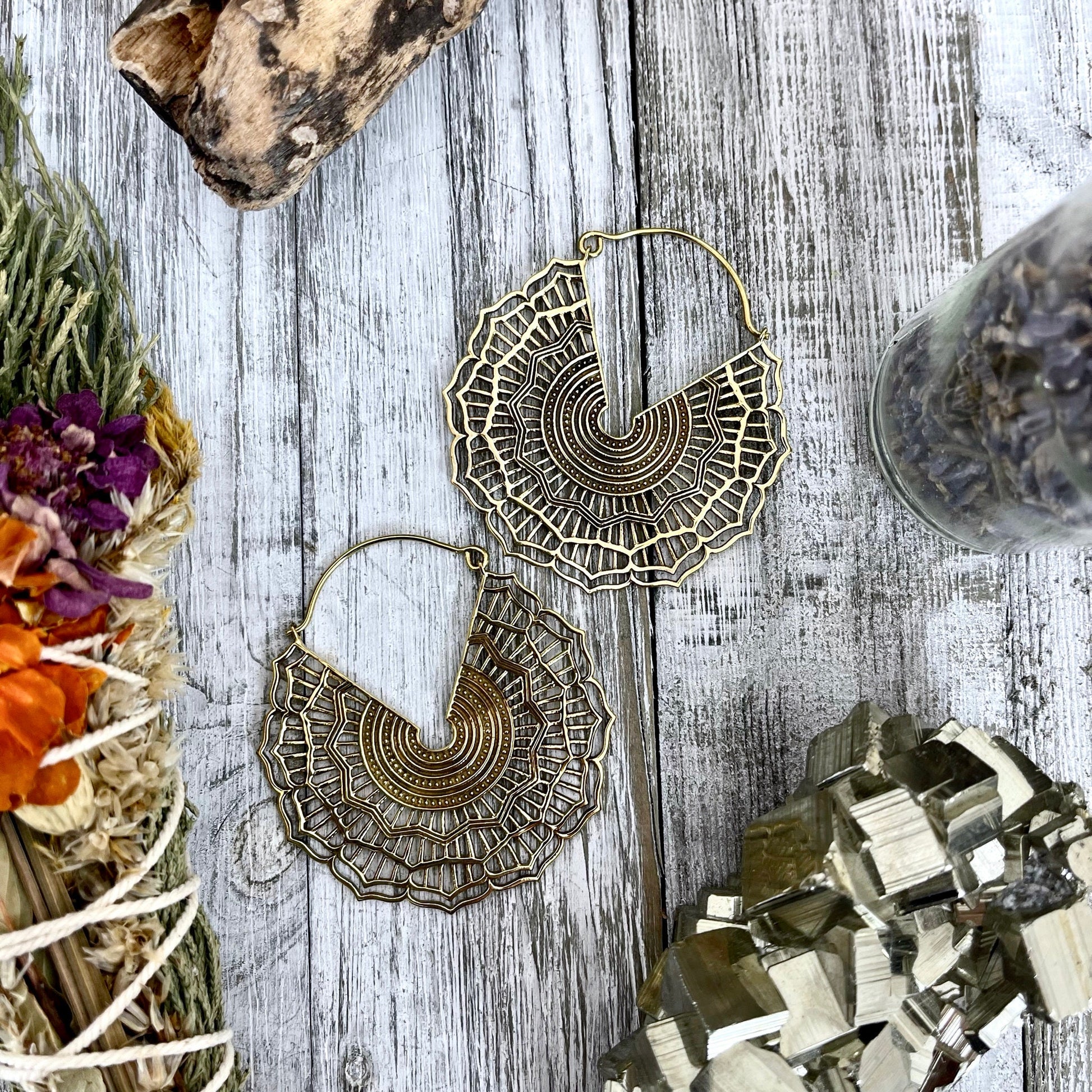 Large Brass Decorated Hoop Earrings.