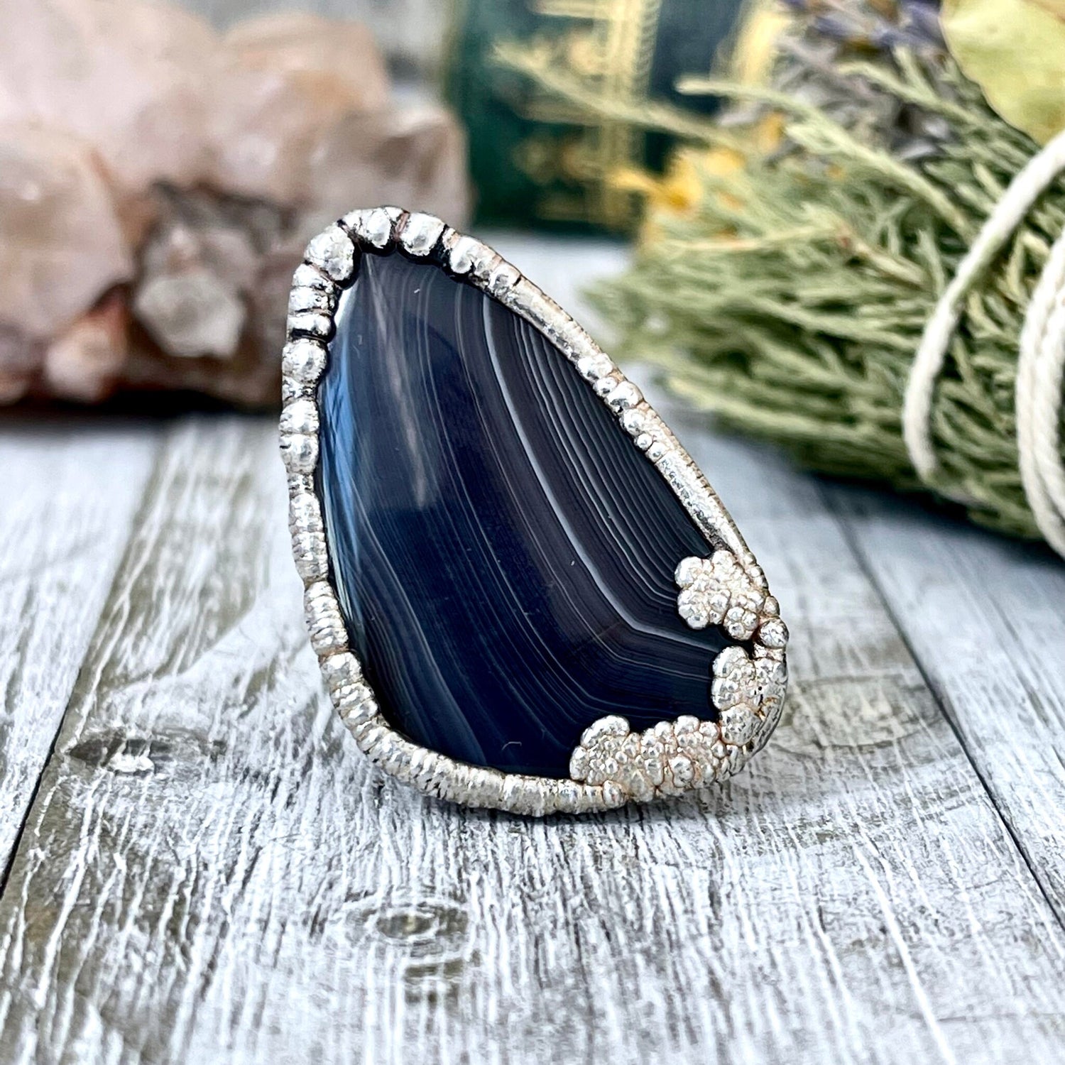 Size 6 Botswana Agate Statement Ring Set in Fine Silver / Foxlark Collection - One of a Kind