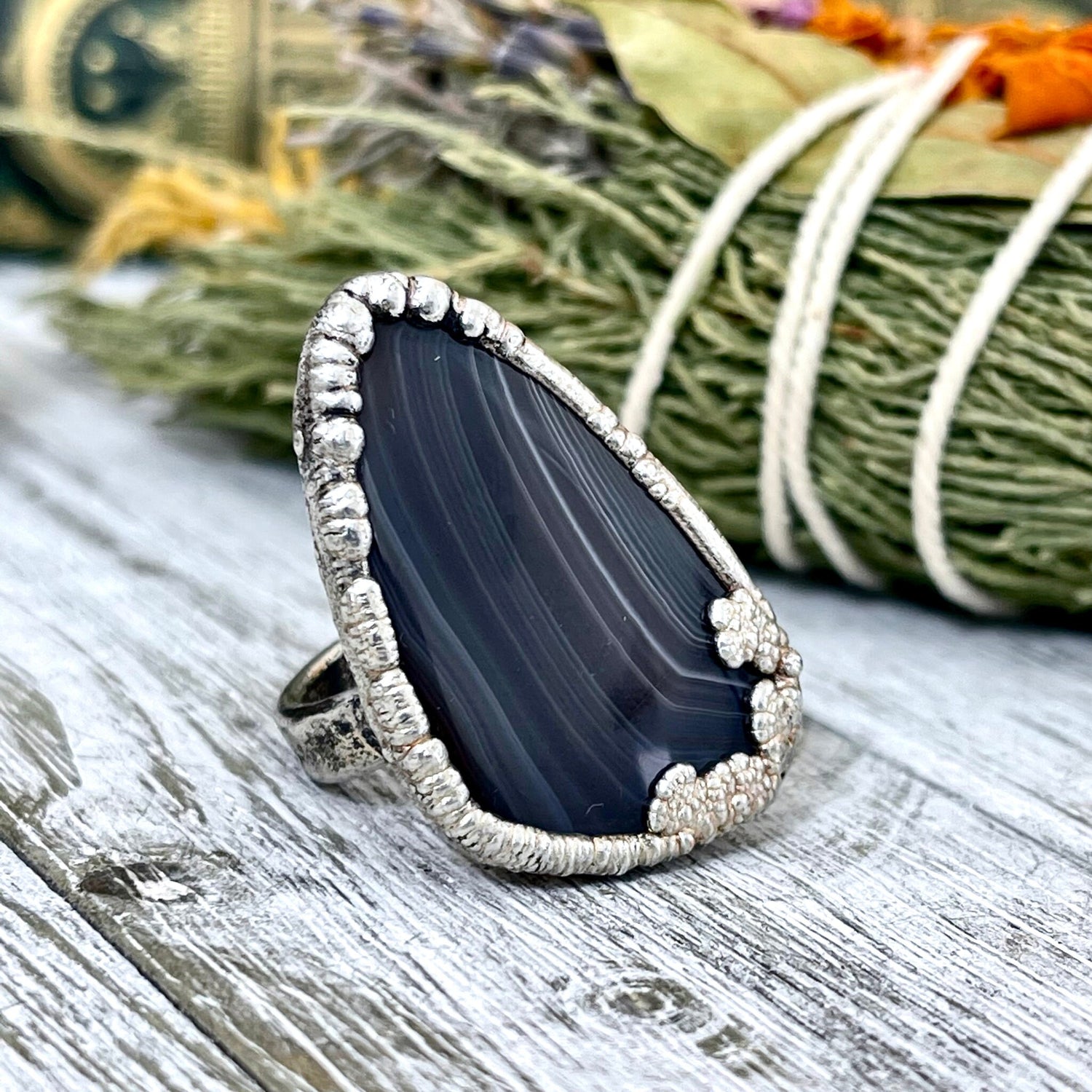 Size 6 Botswana Agate Statement Ring Set in Fine Silver / Foxlark Collection - One of a Kind