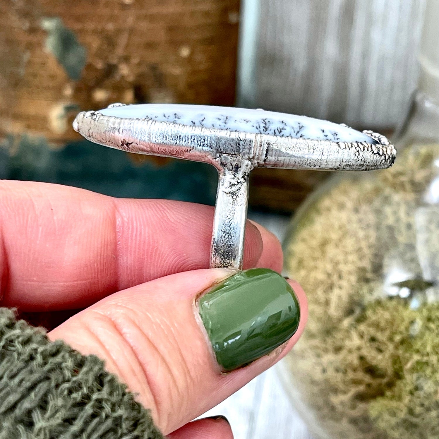 Size 8.5 Moss Opal Large Crystal Ring in Fine Silver for Woman / Foxlark Collection - One of a Kind