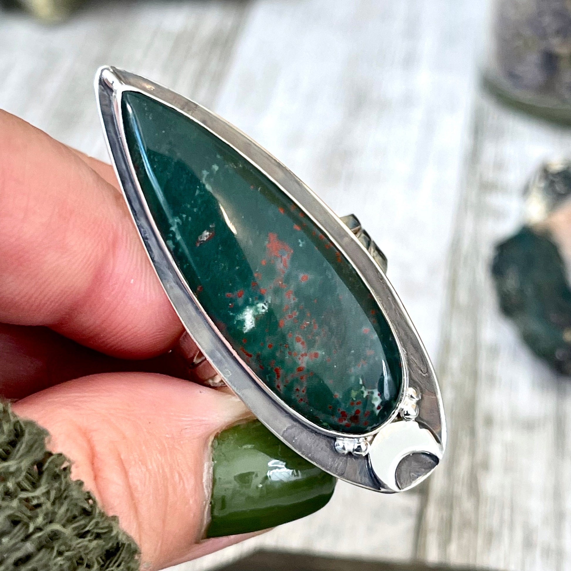 Magic Moons Bloodstone Statement Ring in Sterling Silver- Designed by FOXLARK Collection Size 5 6 7 8 9 10 11 / Gothic Jewelry - Foxlark Crystal Jewelry