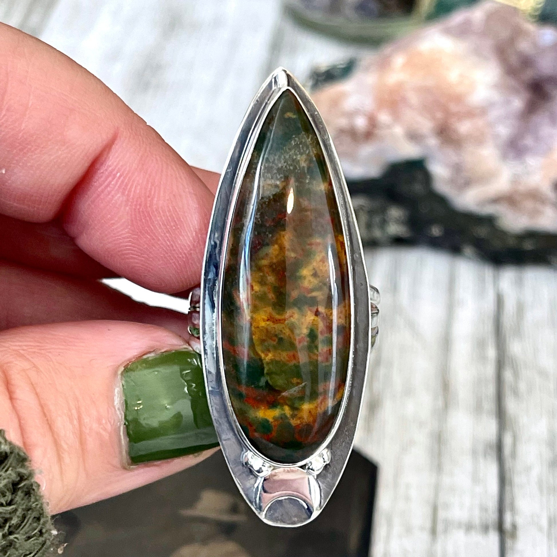 Magic Moons Bloodstone Statement Ring in Sterling Silver- Designed by FOXLARK Collection Size 5 6 7 8 9 10 11 / Gothic Jewelry - Foxlark Crystal Jewelry