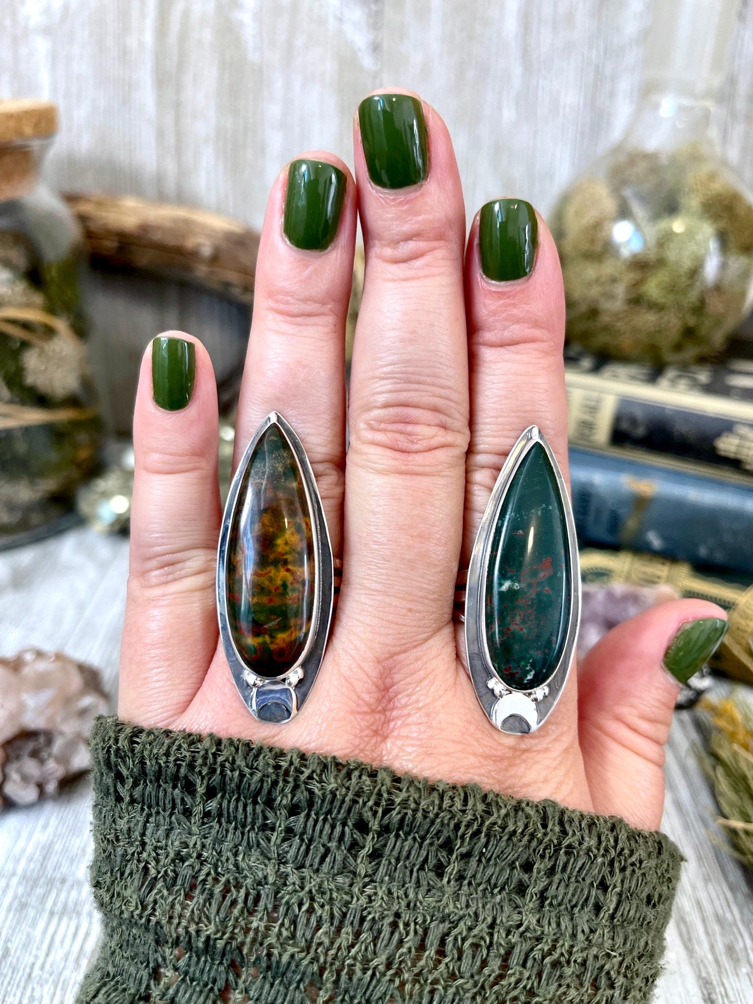 Magic Moons Bloodstone Statement Ring in Sterling Silver- Designed by FOXLARK Collection Size 5 6 7 8 9 10 11 / Gothic Jewelry - Foxlark Crystal Jewelry