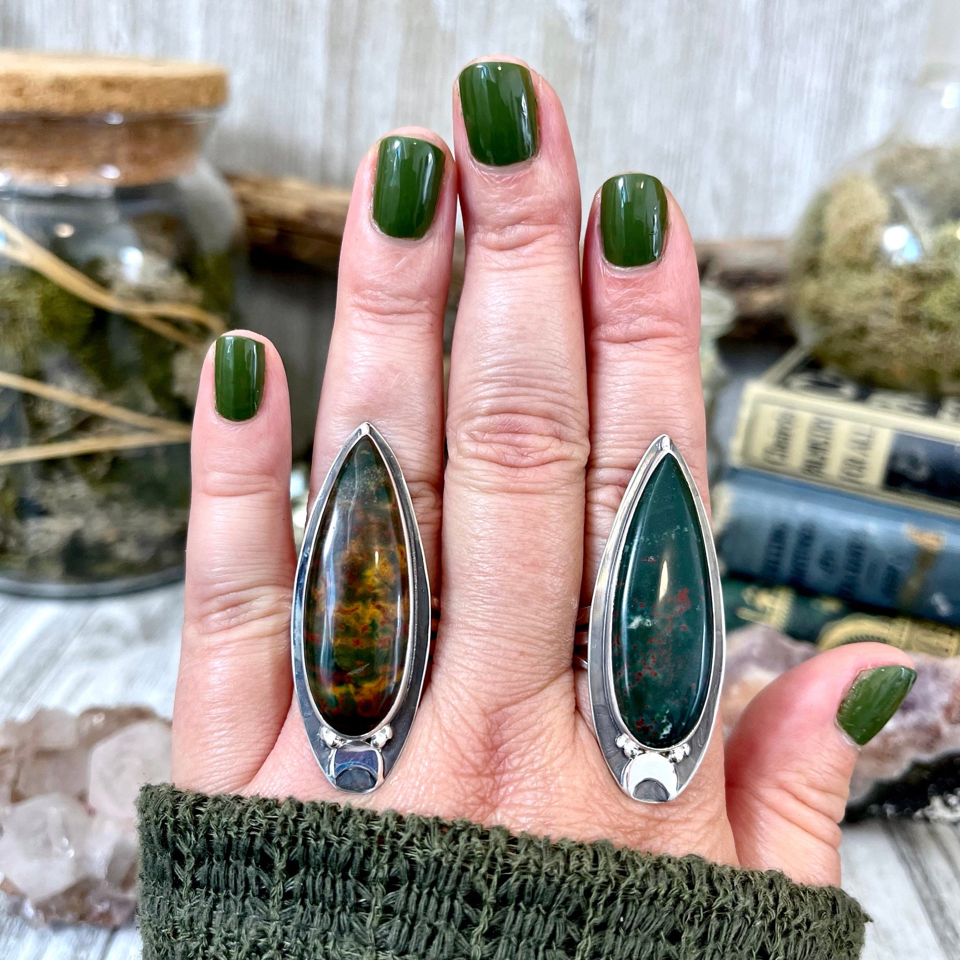 Magic Moons Bloodstone Statement Ring in Sterling Silver- Designed by FOXLARK Collection Size 5 6 7 8 9 10 11 / Gothic Jewelry - Foxlark Crystal Jewelry
