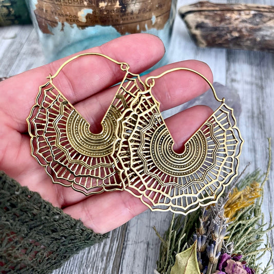 Large Brass Decorated Hoop Earrings - Foxlark Crystal Jewelry