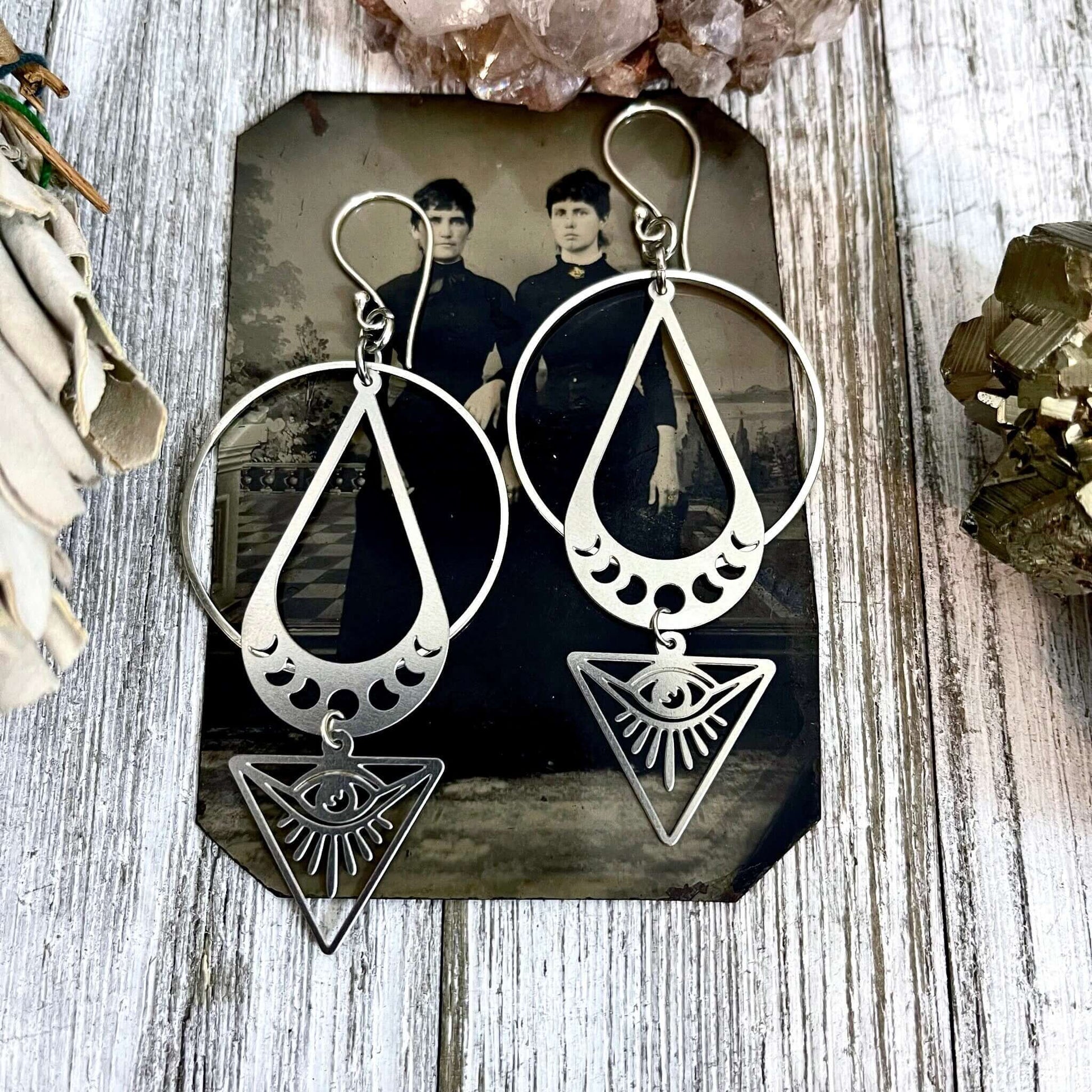 All Seeing Eye & Moon Phases Earrings / Sterling Silver and Stainless Steel Long Dangly Geometric Earrings.