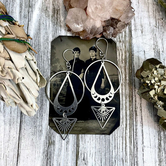 All Seeing Eye & Moon Phases Earrings / Sterling Silver and Stainless Steel Long Dangly Geometric Earrings - Foxlark Crystal Jewelry