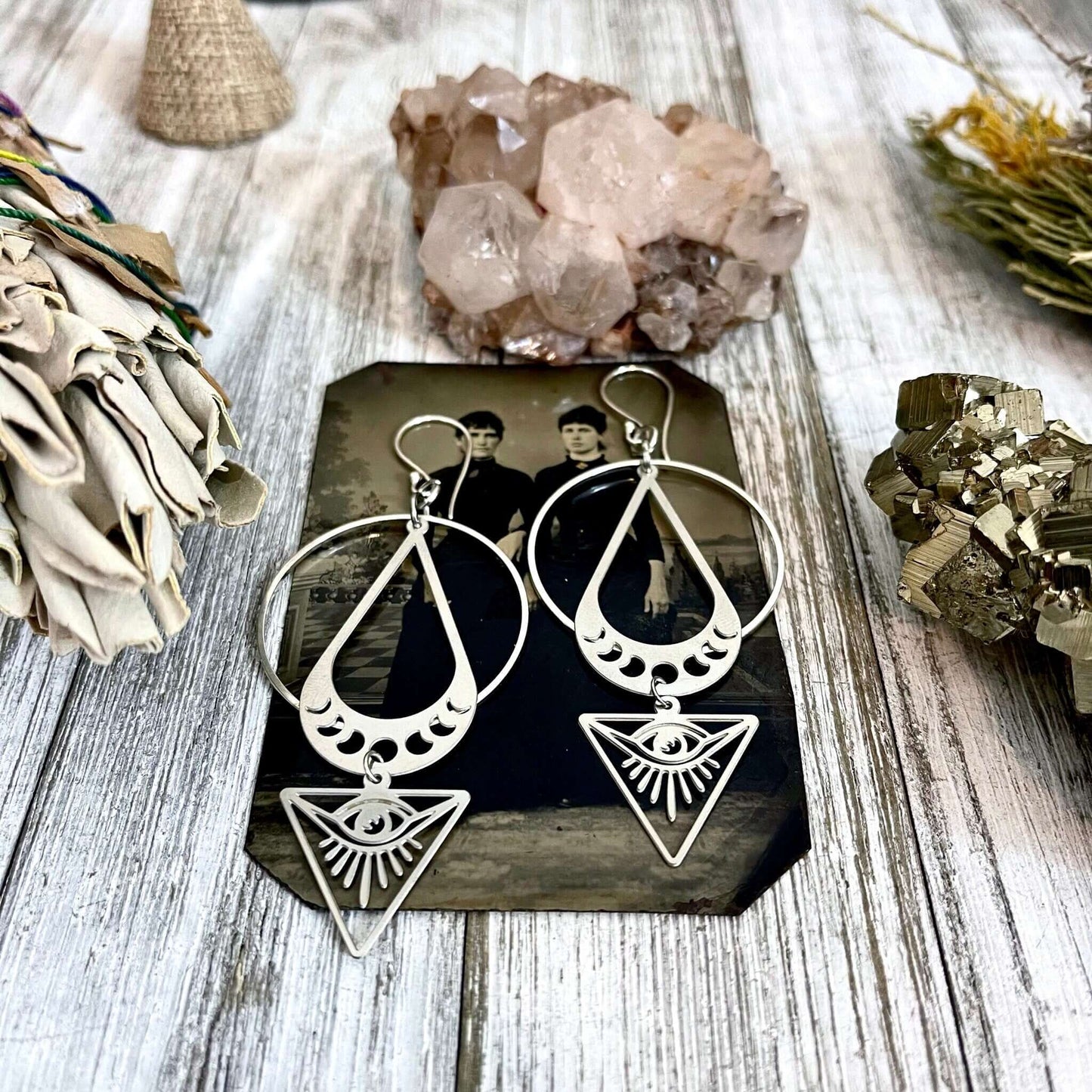All Seeing Eye & Moon Phases Earrings / Sterling Silver and Stainless Steel Long Dangly Geometric Earrings.