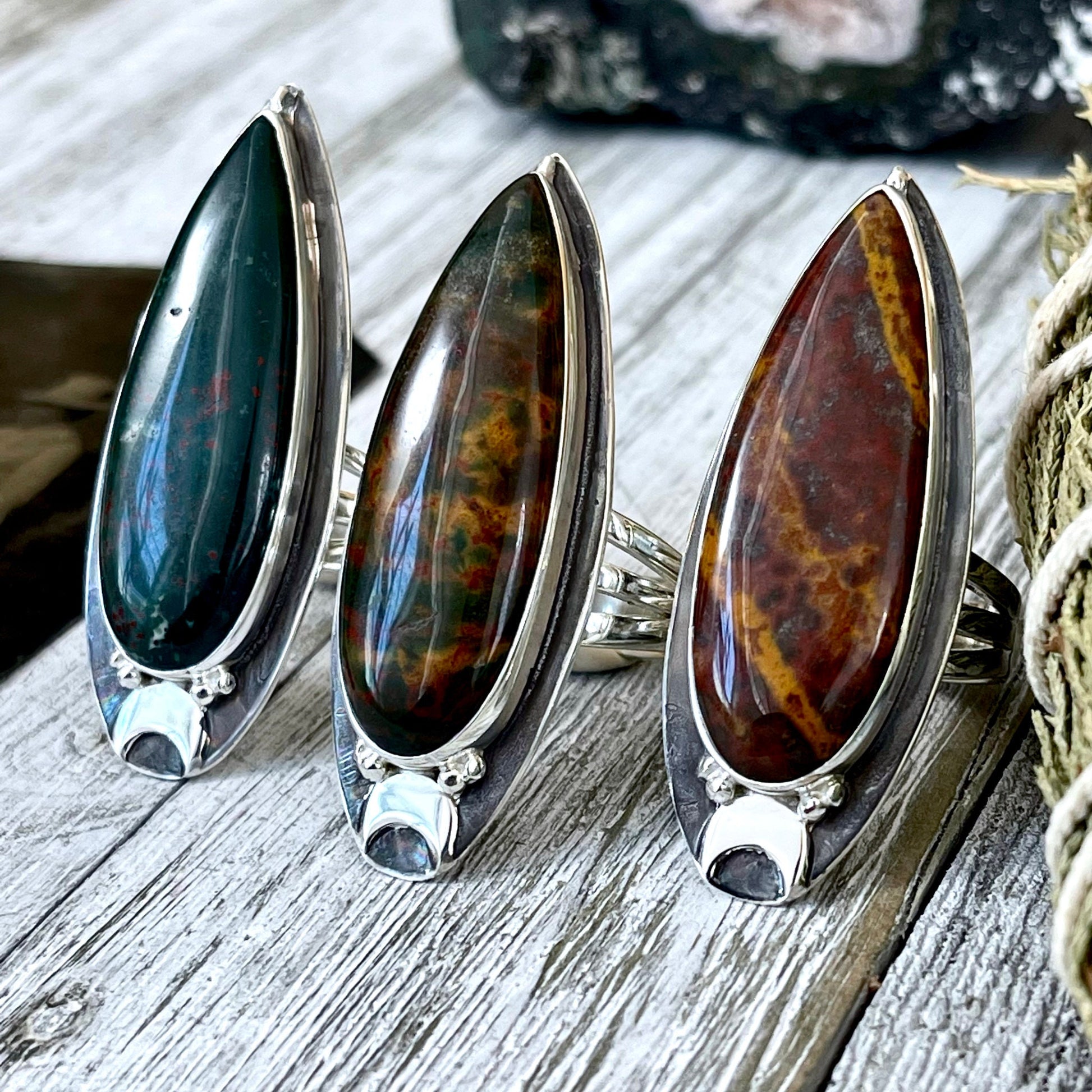Magic Moons Bloodstone Statement Ring in Sterling Silver- Designed by FOXLARK Collection Size 5 6 7 8 9 10 11 / Gothic Jewelry - Foxlark Crystal Jewelry