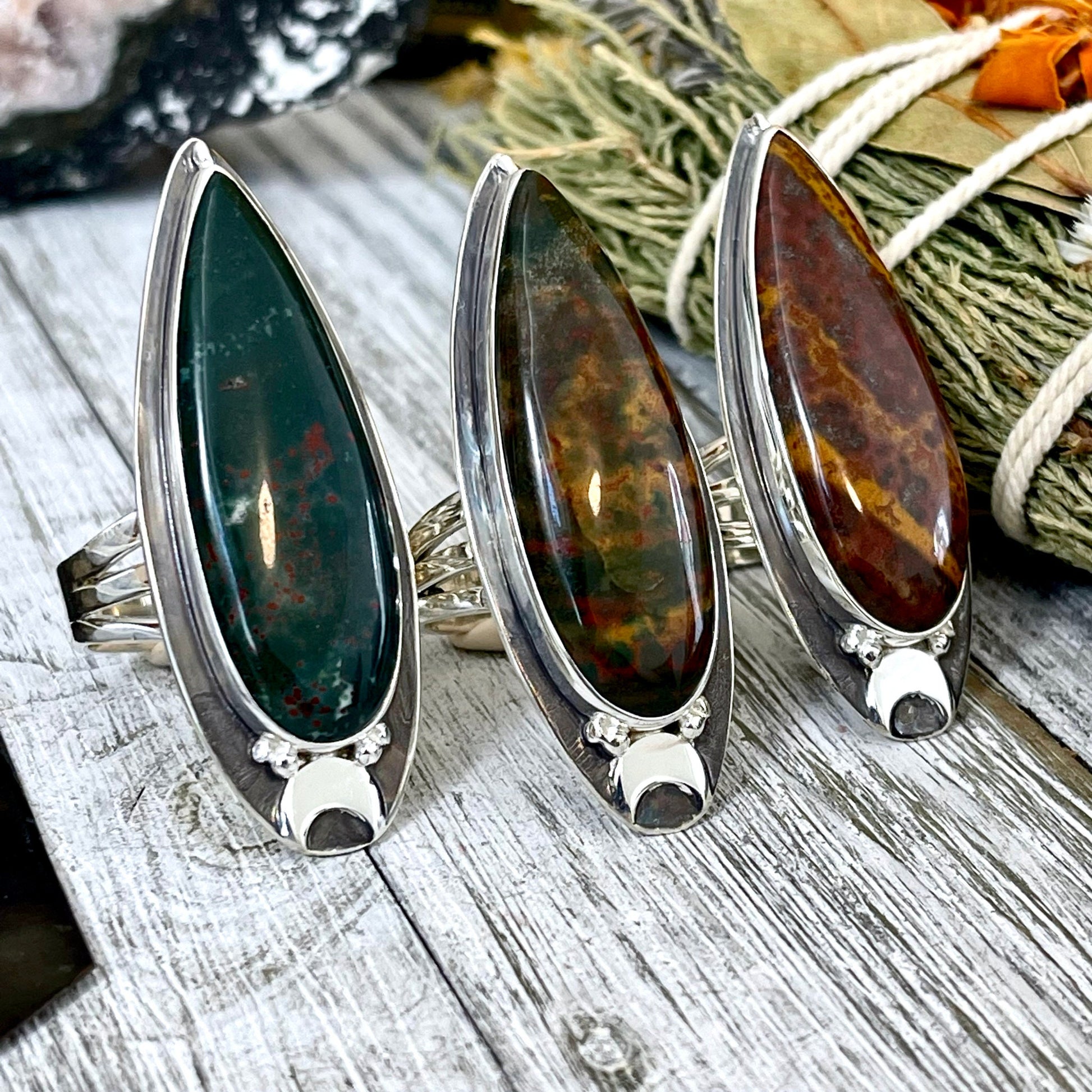 Magic Moons Bloodstone Statement Ring in Sterling Silver- Designed by FOXLARK Collection Size 5 6 7 8 9 10 11 / Gothic Jewelry - Foxlark Crystal Jewelry