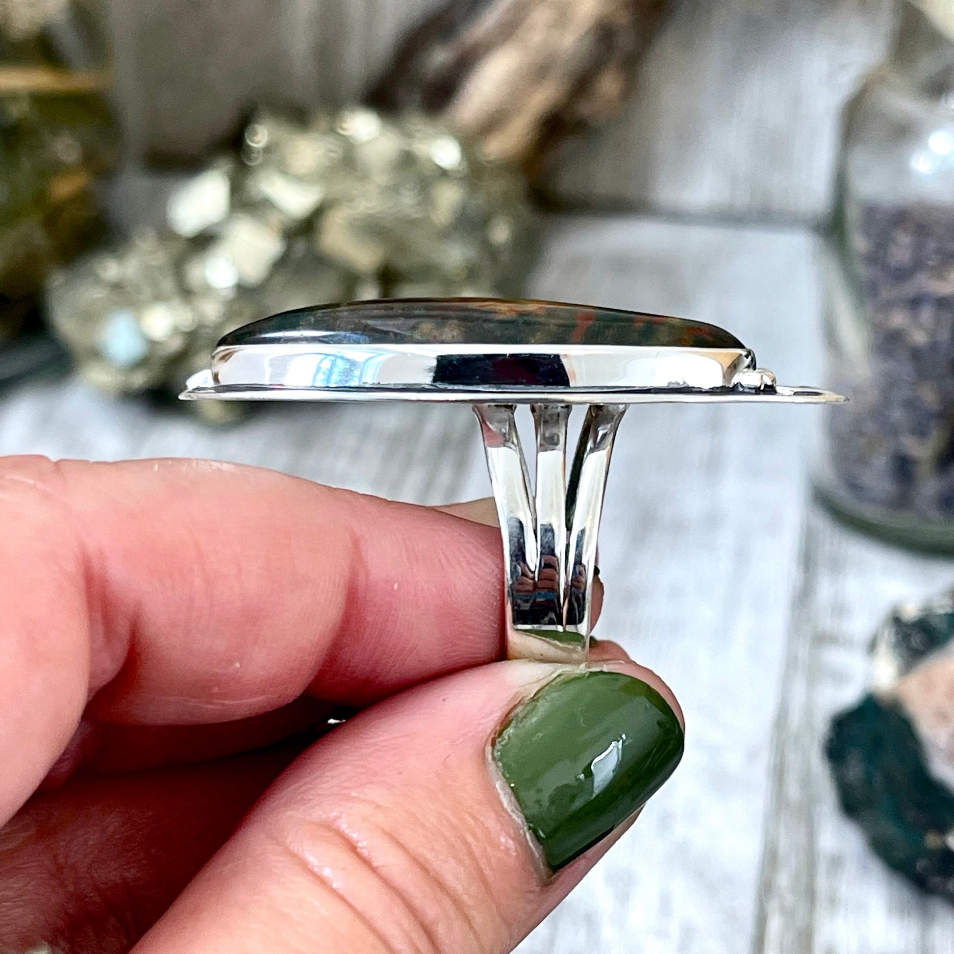 Magic Moons Bloodstone Statement Ring in Sterling Silver- Designed by FOXLARK Collection Size 5 6 7 8 9 10 11 / Gothic Jewelry - Foxlark Crystal Jewelry