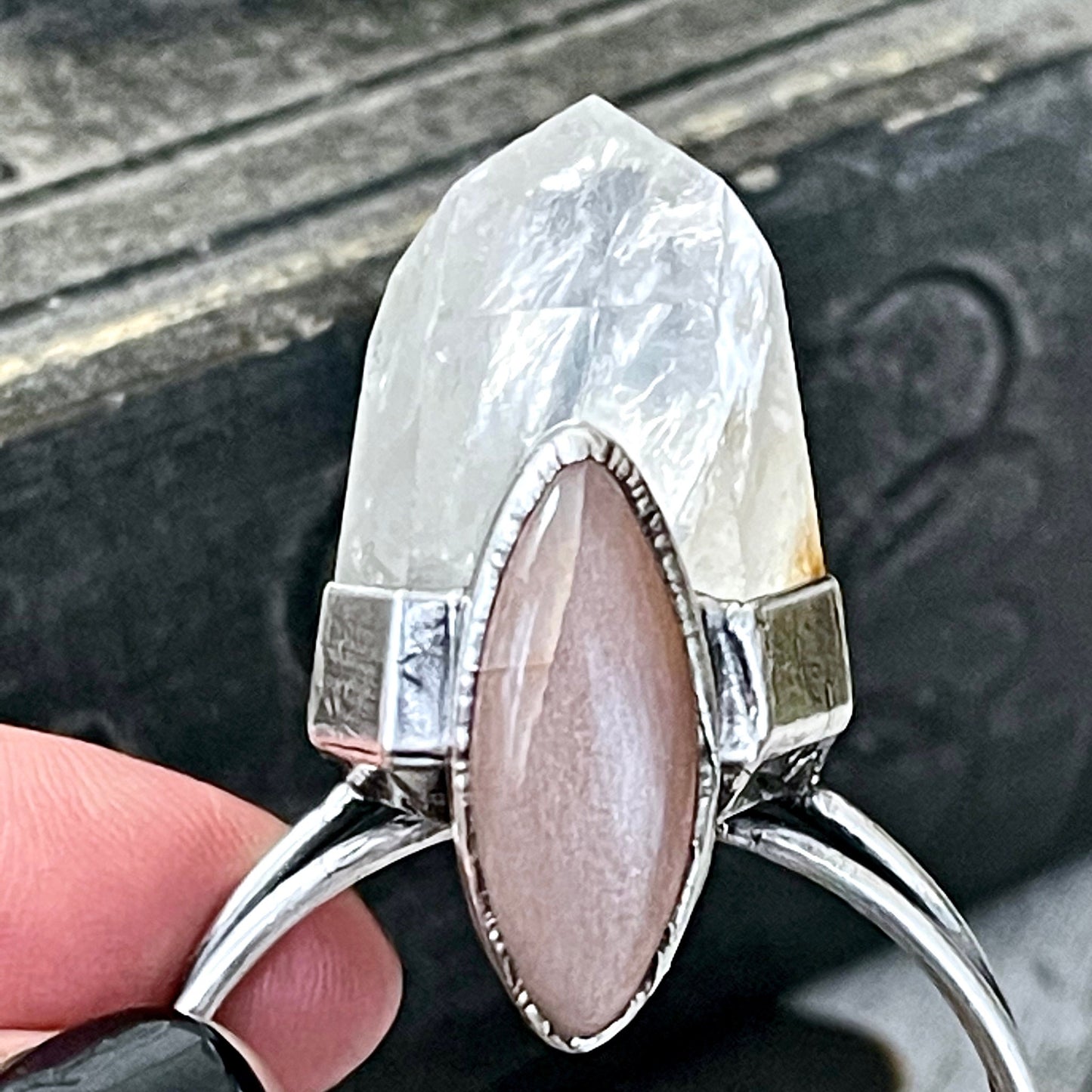 Clear Quartz & Peach Moonstone Crystal Statement Necklace in Fine Silver / Foxlark Collection - One of a Kind
