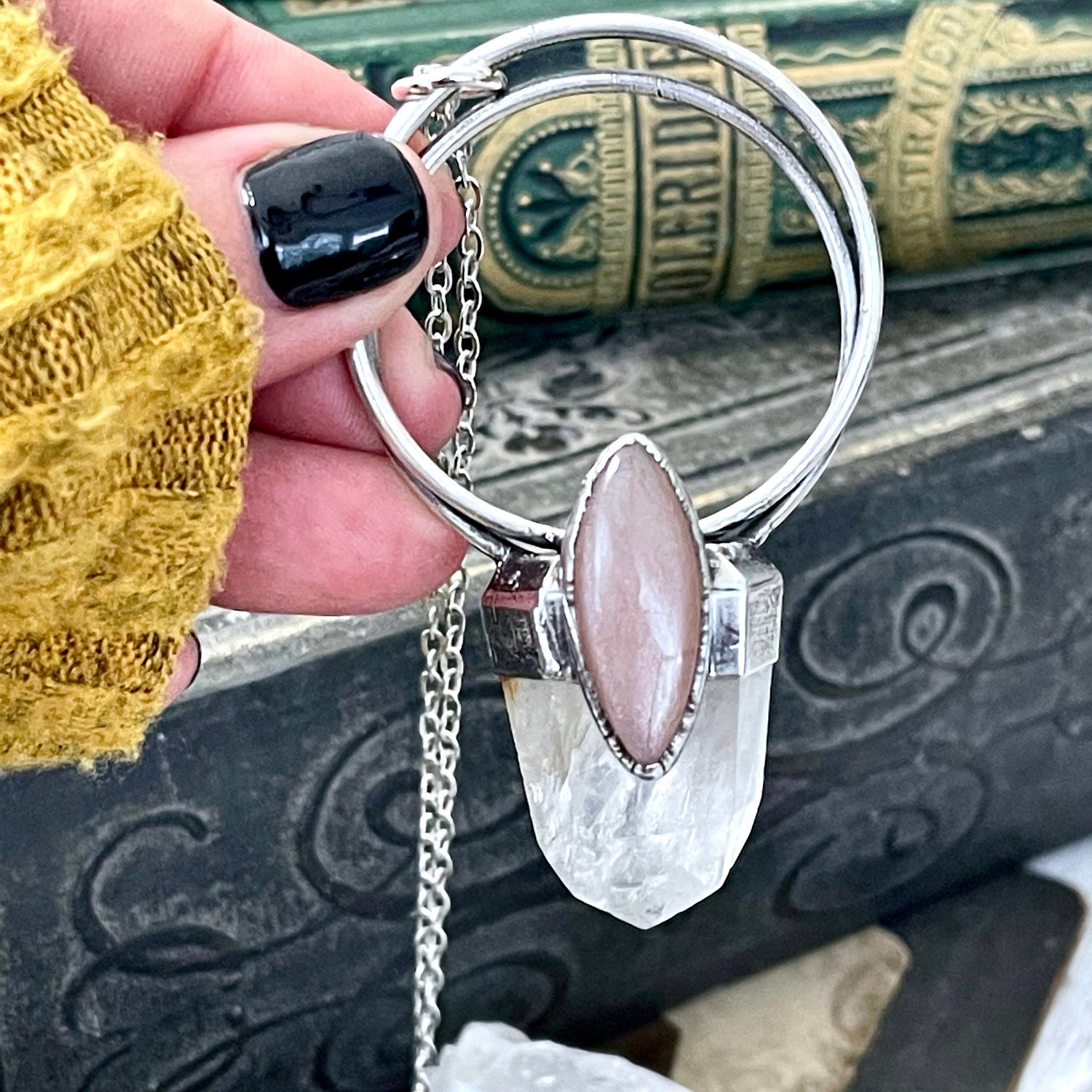 Clear Quartz & Peach Moonstone Crystal Statement Necklace in Fine Silver / Foxlark Collection - One of a Kind