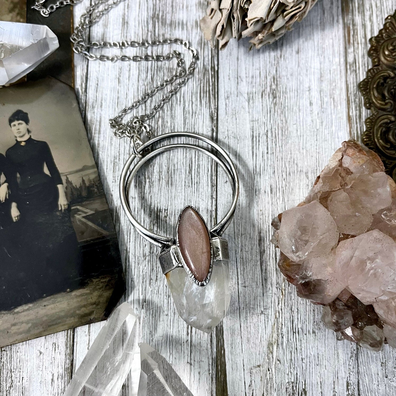 Clear Quartz & Peach Moonstone Crystal Statement Necklace in Fine Silver / Foxlark Collection - One of a Kind