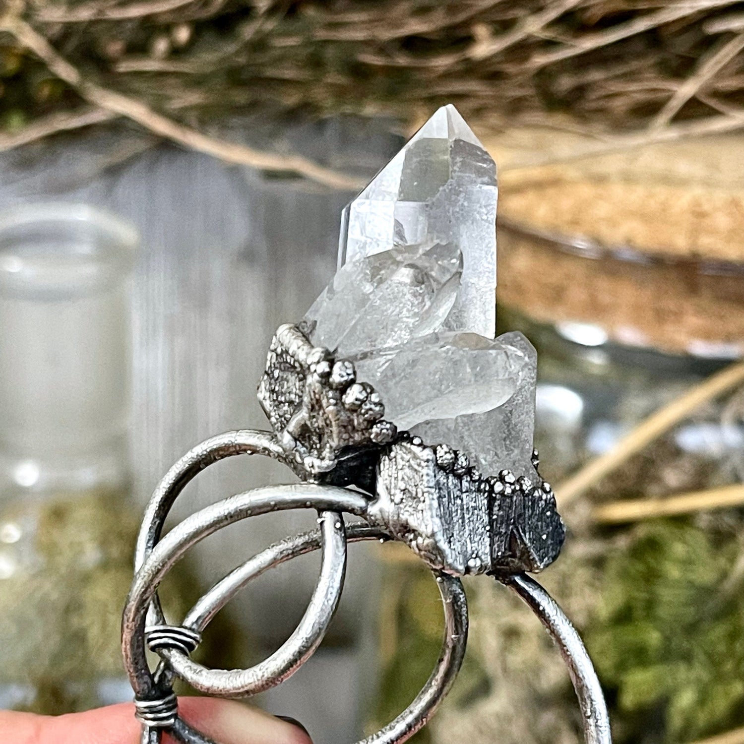 Raw Clear Quartz Cluster Crystal Statement Necklace in Fine Silver / Foxlark Collection - One of a Kind