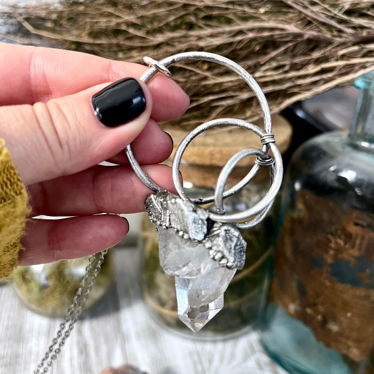 Raw Clear Quartz Cluster Crystal Statement Necklace in Fine Silver / Foxlark Collection - One of a Kind