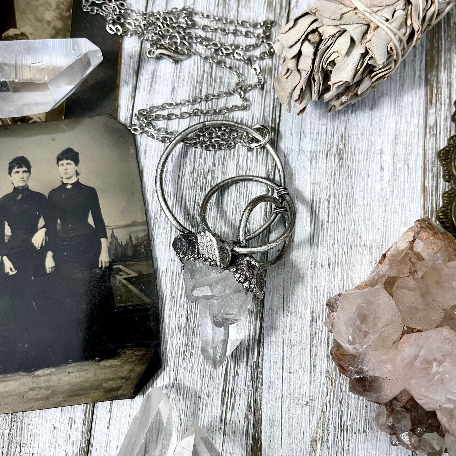 Raw Clear Quartz Cluster Crystal Statement Necklace in Fine Silver / Foxlark Collection - One of a Kind