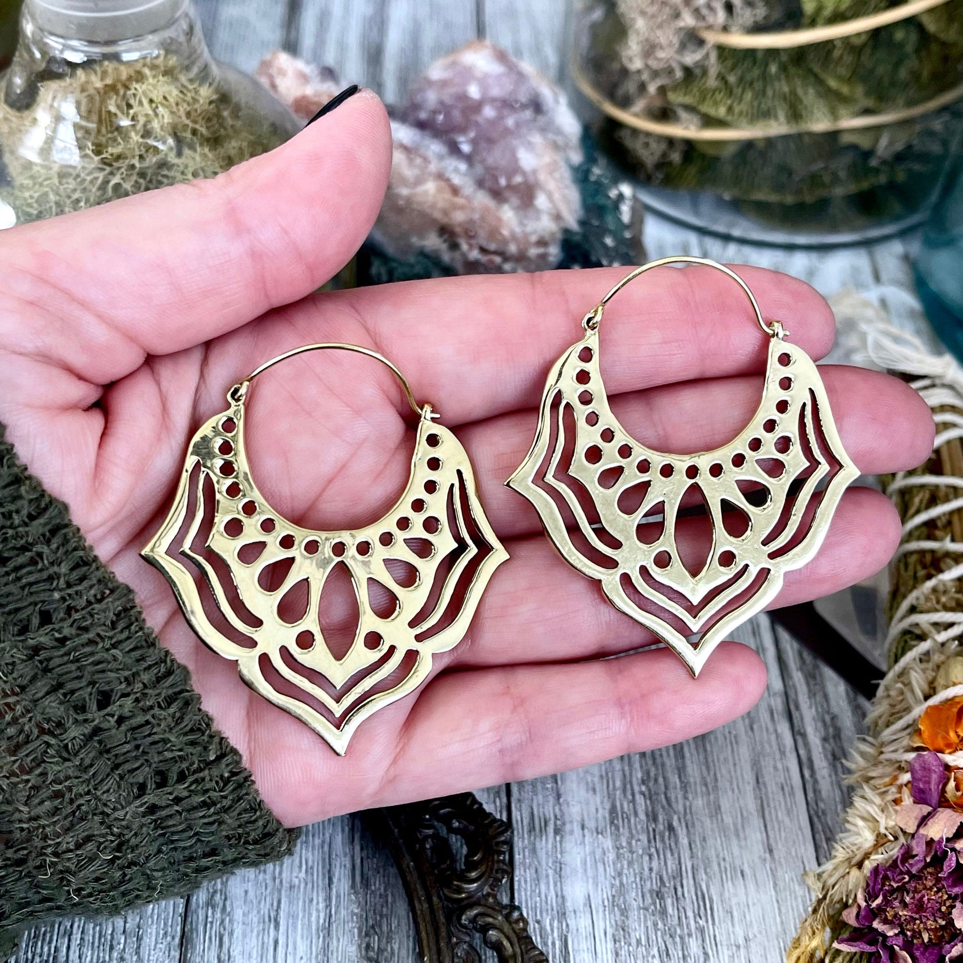 Large Brass Decorated Hoop Earrings.