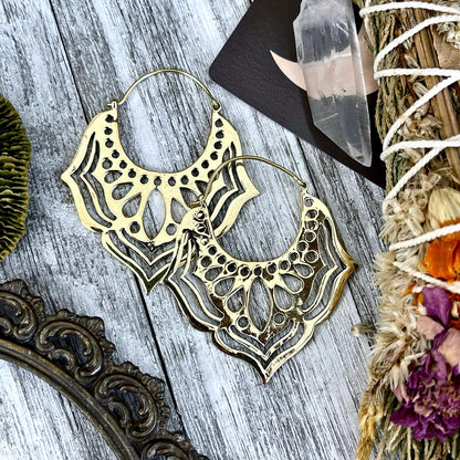 Large Brass Decorated Hoop Earrings.
