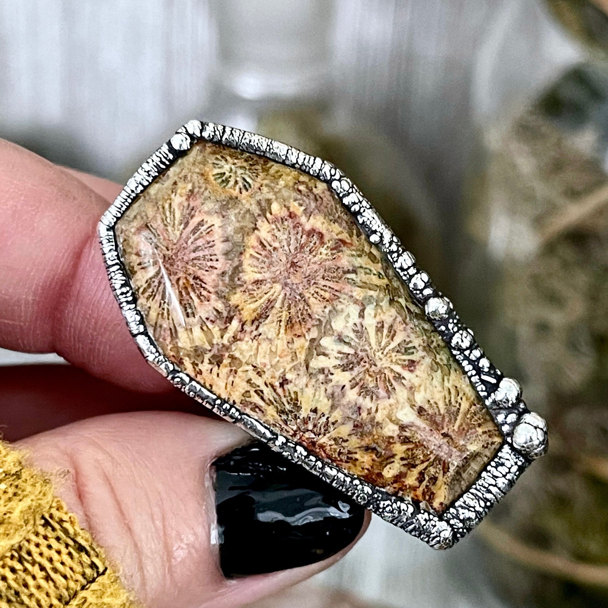 Size 8 Large Fossilized Coral Coffin Statement Ring in Fine Silver / Foxlark Collection - One of a Kind - Foxlark Crystal Jewelry