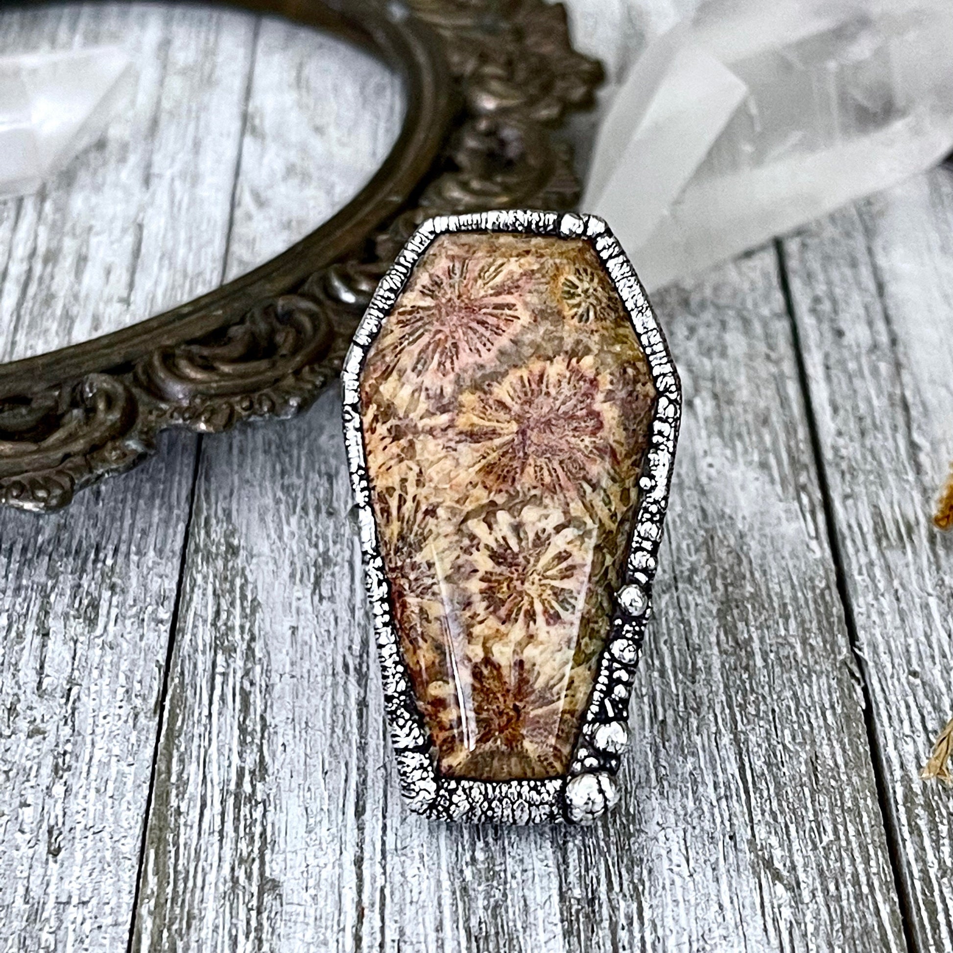 Size 8 Large Fossilized Coral Coffin Statement Ring in Fine Silver / Foxlark Collection - One of a Kind - Foxlark Crystal Jewelry