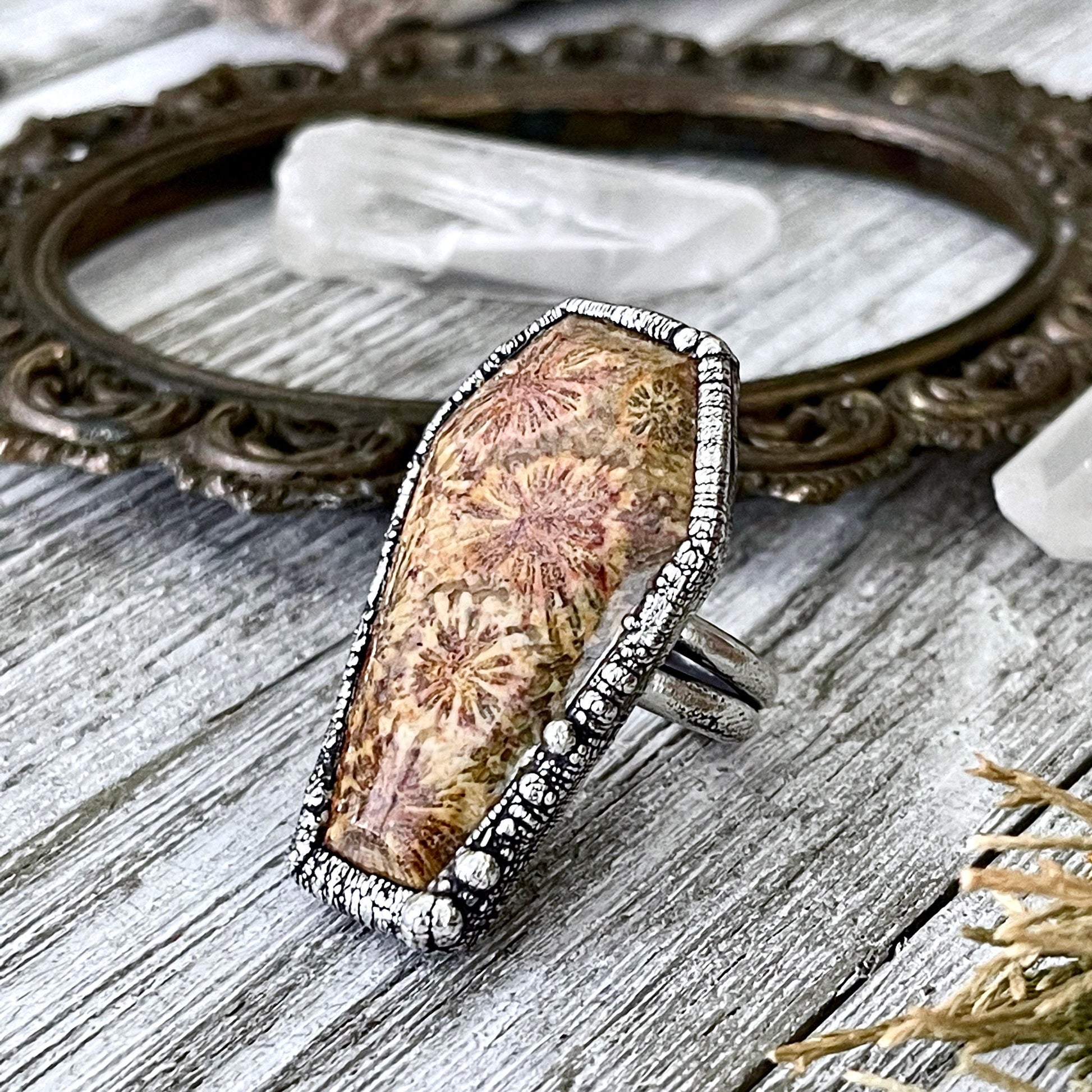 Size 8 Large Fossilized Coral Coffin Statement Ring in Fine Silver / Foxlark Collection - One of a Kind - Foxlark Crystal Jewelry