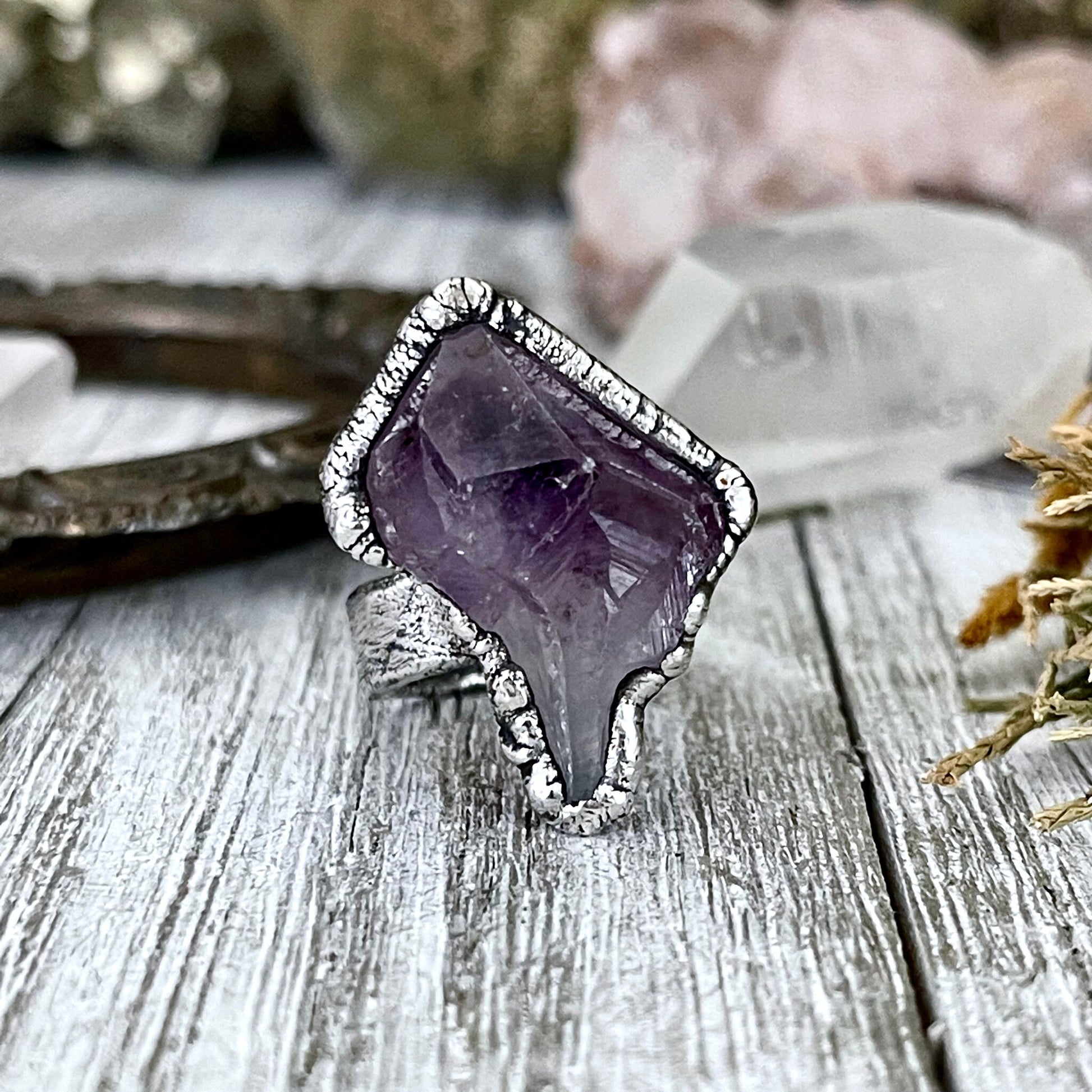 Size 6.5 Big Raw Amethyst Purple Crystal Ring in Fine Silver / Foxlark Collection - One of a Kind - Foxlark Crystal Jewelry