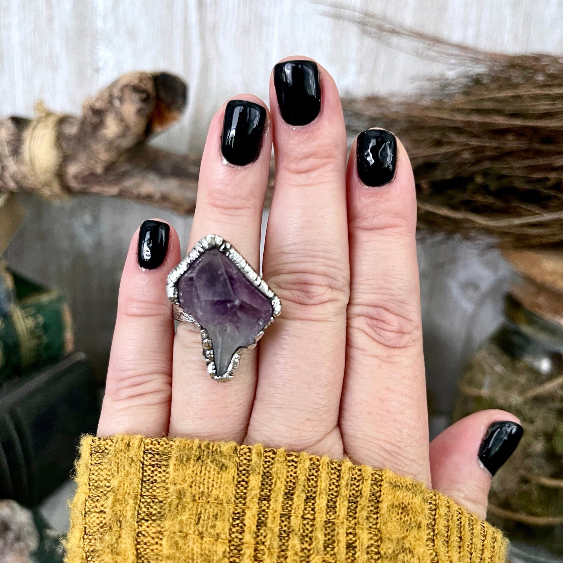 Size 6.5 Big Raw Amethyst Purple Crystal Ring in Fine Silver / Foxlark Collection - One of a Kind - Foxlark Crystal Jewelry