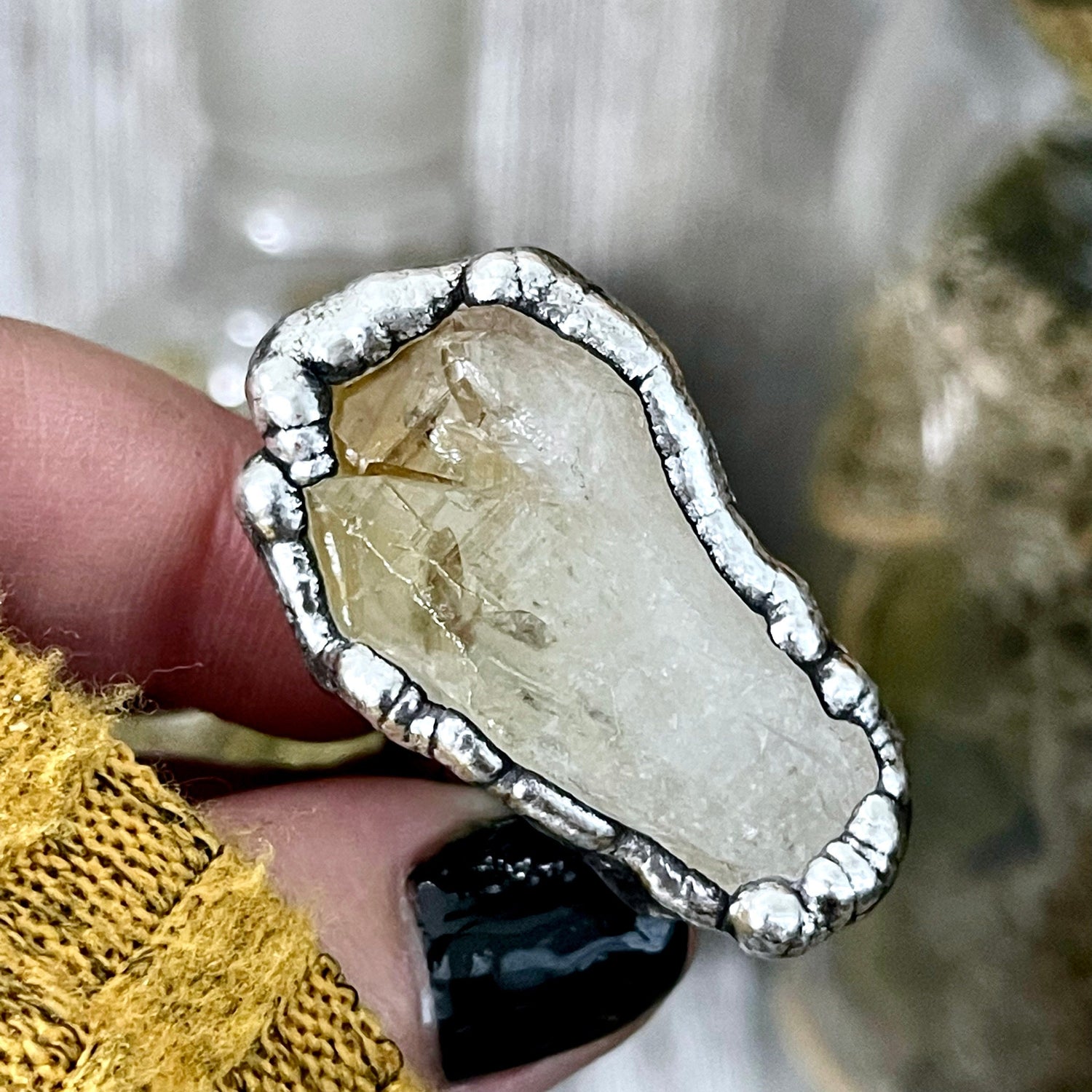 Size 8 Raw Citrine Crystal Point Ring Set in Fine Silver / Foxlark Collection - One of a Kind