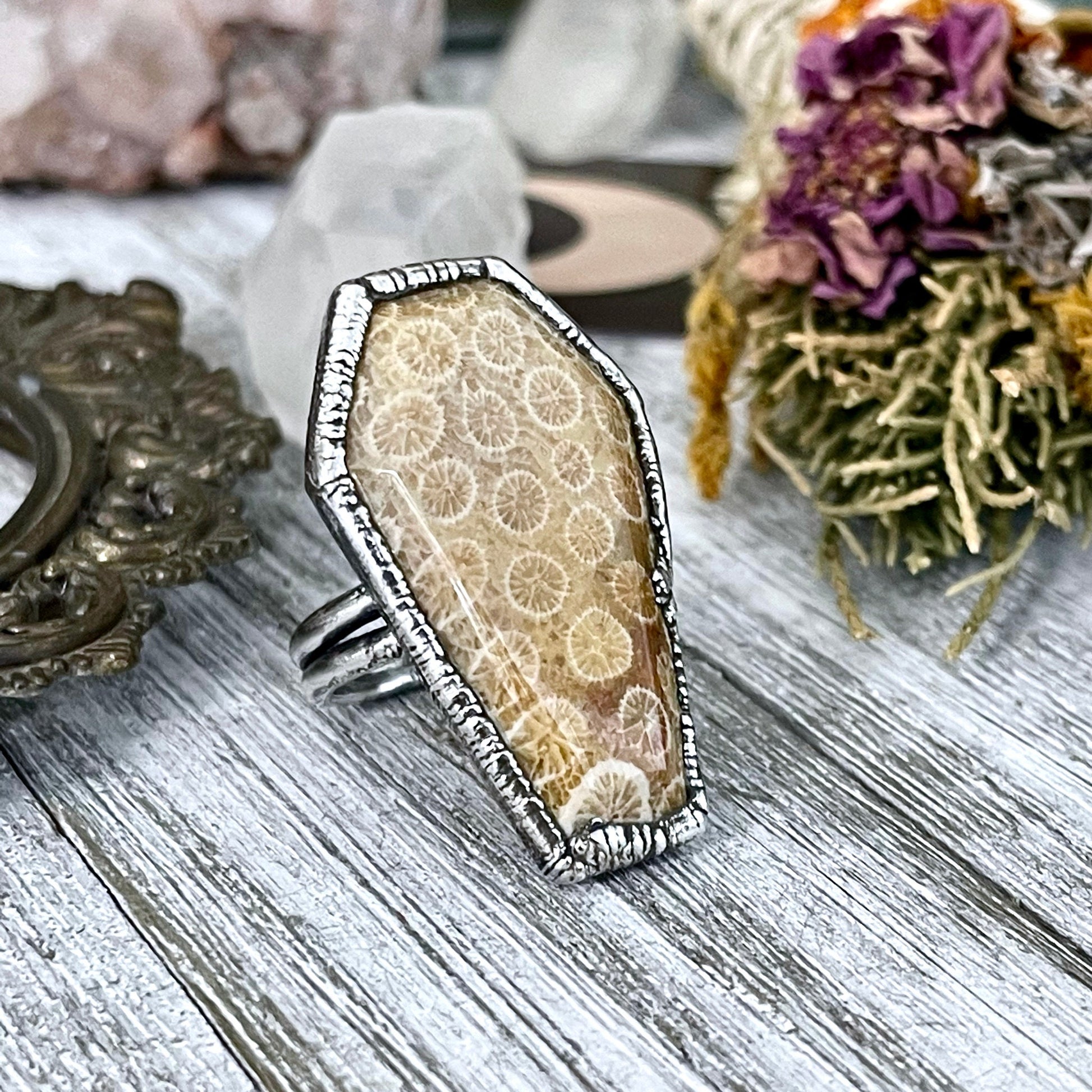 Size 8.5 Large Fossilized Coral Coffin Statement Ring in Fine Silver / Foxlark Collection - One of a Kind.