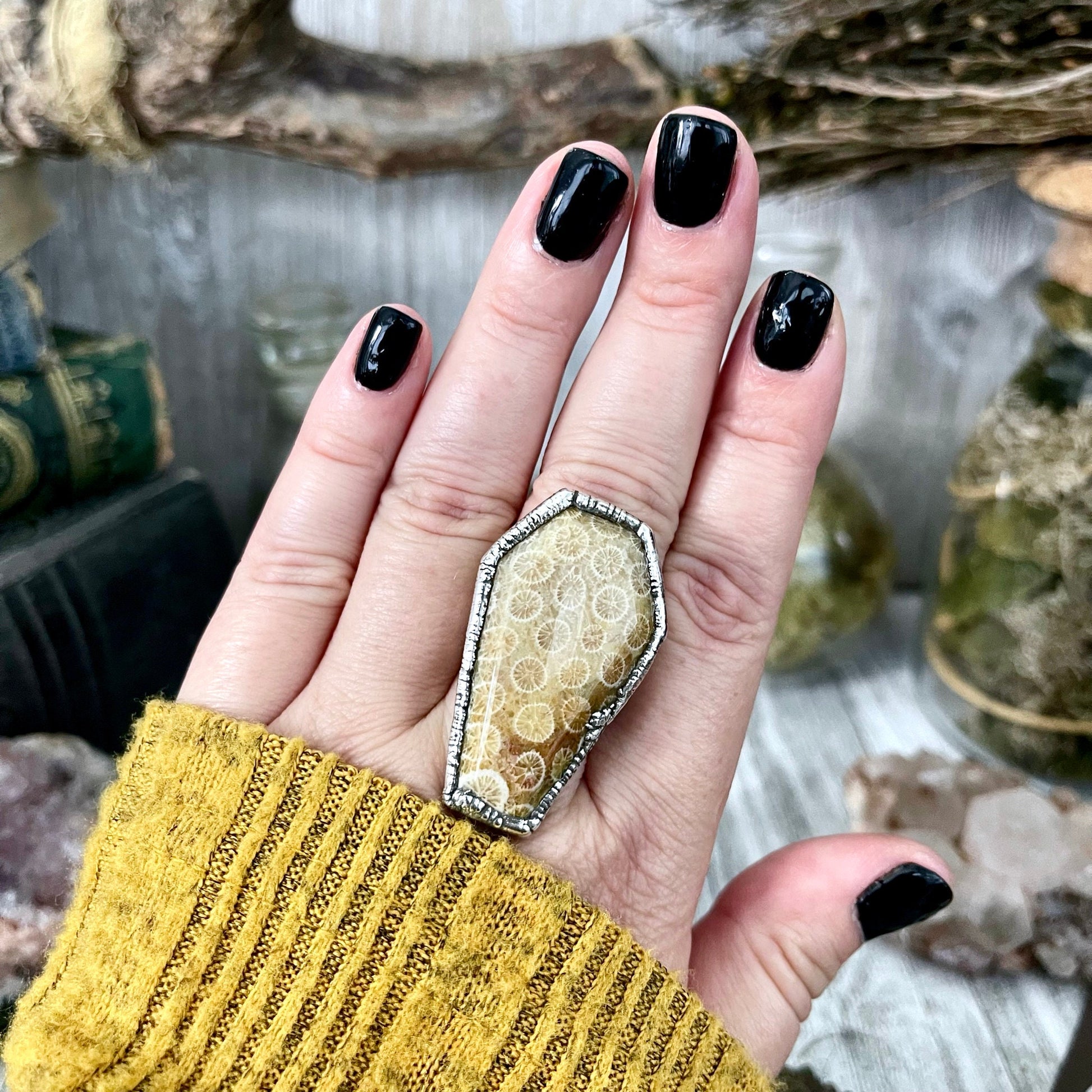 Coffin Jewelry, Etsy ID: 1308026785, Festival Jewelry, Fossilized Coral, Fossilized Palm Root, FOXLARK- RINGS, Gemstone Ring, Gothic Jewelry, Halloween Jewelry, Healing Crystal, Jewelry, Ring For Woman, Rings, Silver Coffin Ring, silver crystal ring, Silv