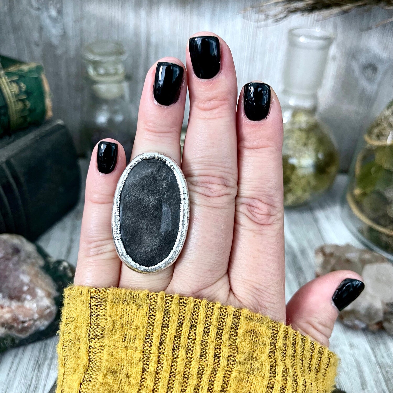 Size 6.5 Silver Sheen Obsidian Statement Ring in fine Silver / Foxlark Collection - One of a Kind