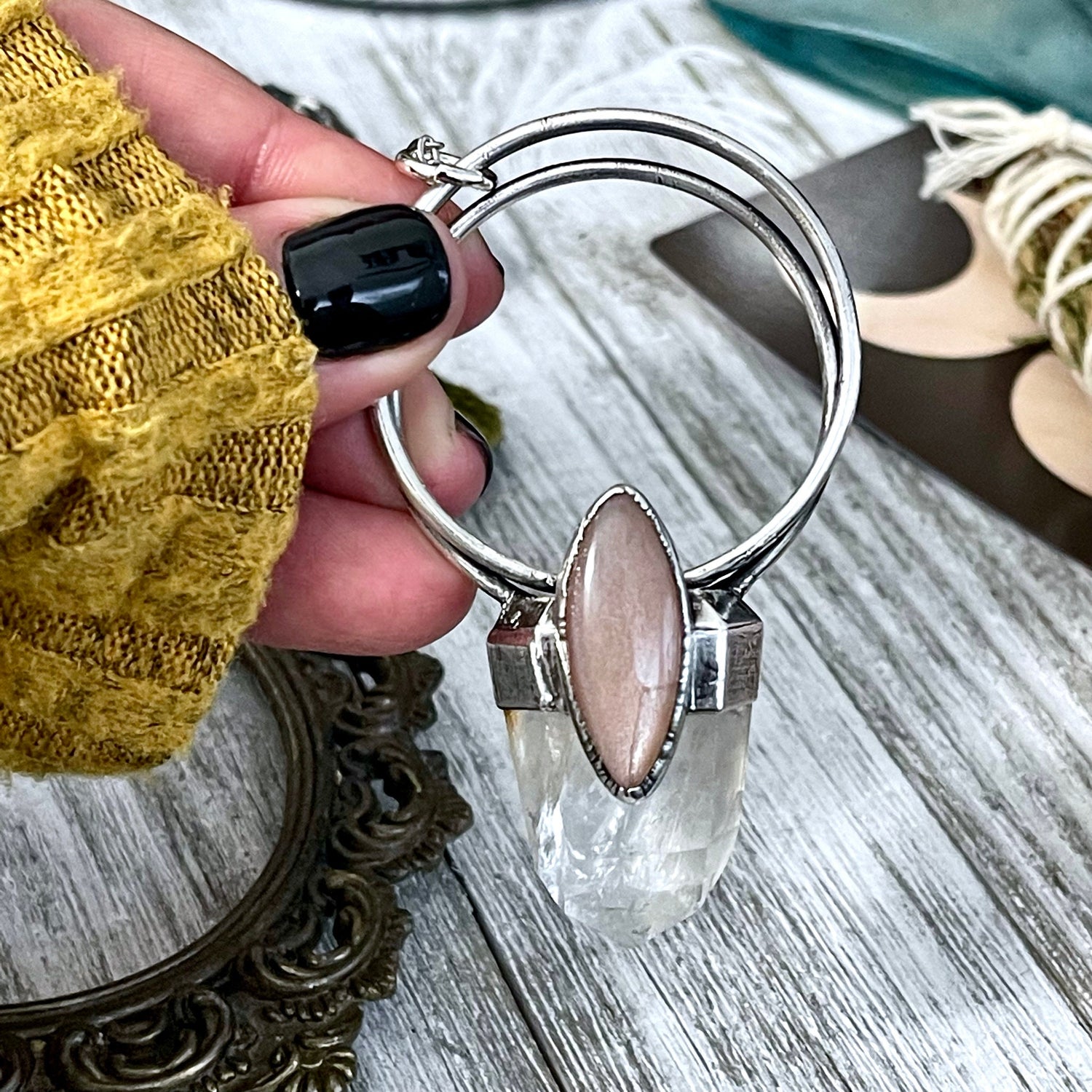 Clear Quartz & Peach Moonstone Crystal Statement Necklace in Fine Silver / Foxlark Collection - One of a Kind