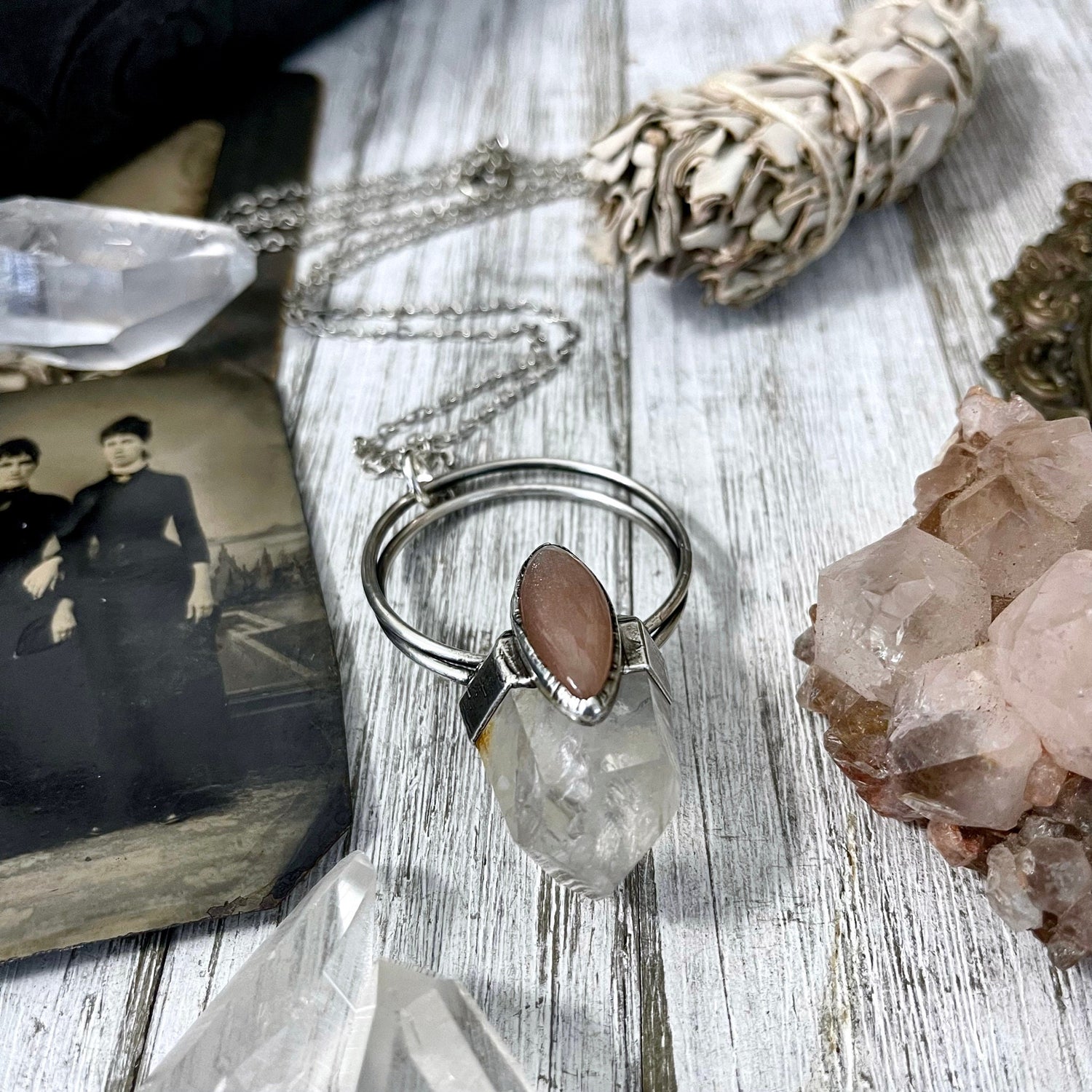 Clear Quartz & Peach Moonstone Crystal Statement Necklace in Fine Silver / Foxlark Collection - One of a Kind