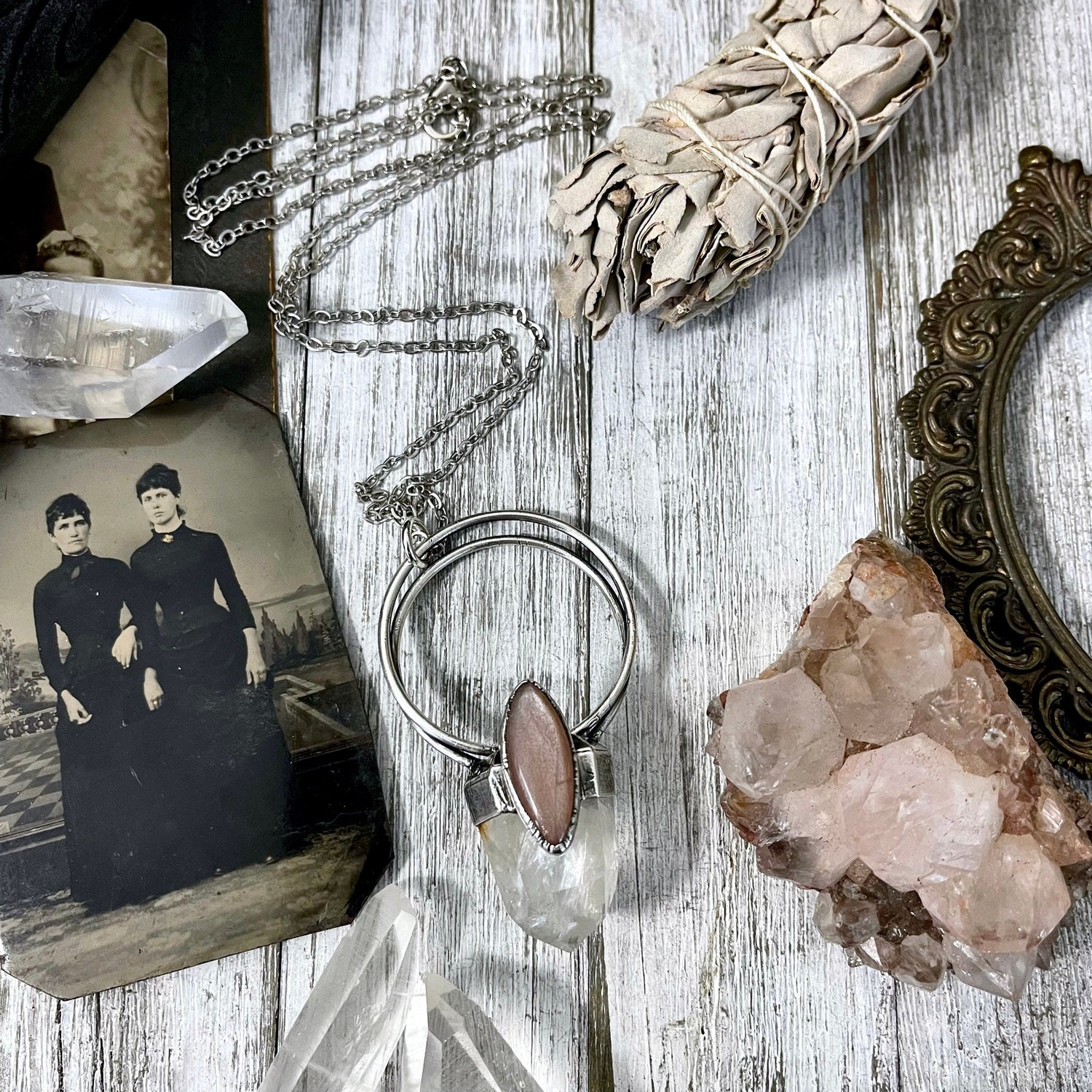 Clear Quartz & Peach Moonstone Crystal Statement Necklace in Fine Silver / Foxlark Collection - One of a Kind