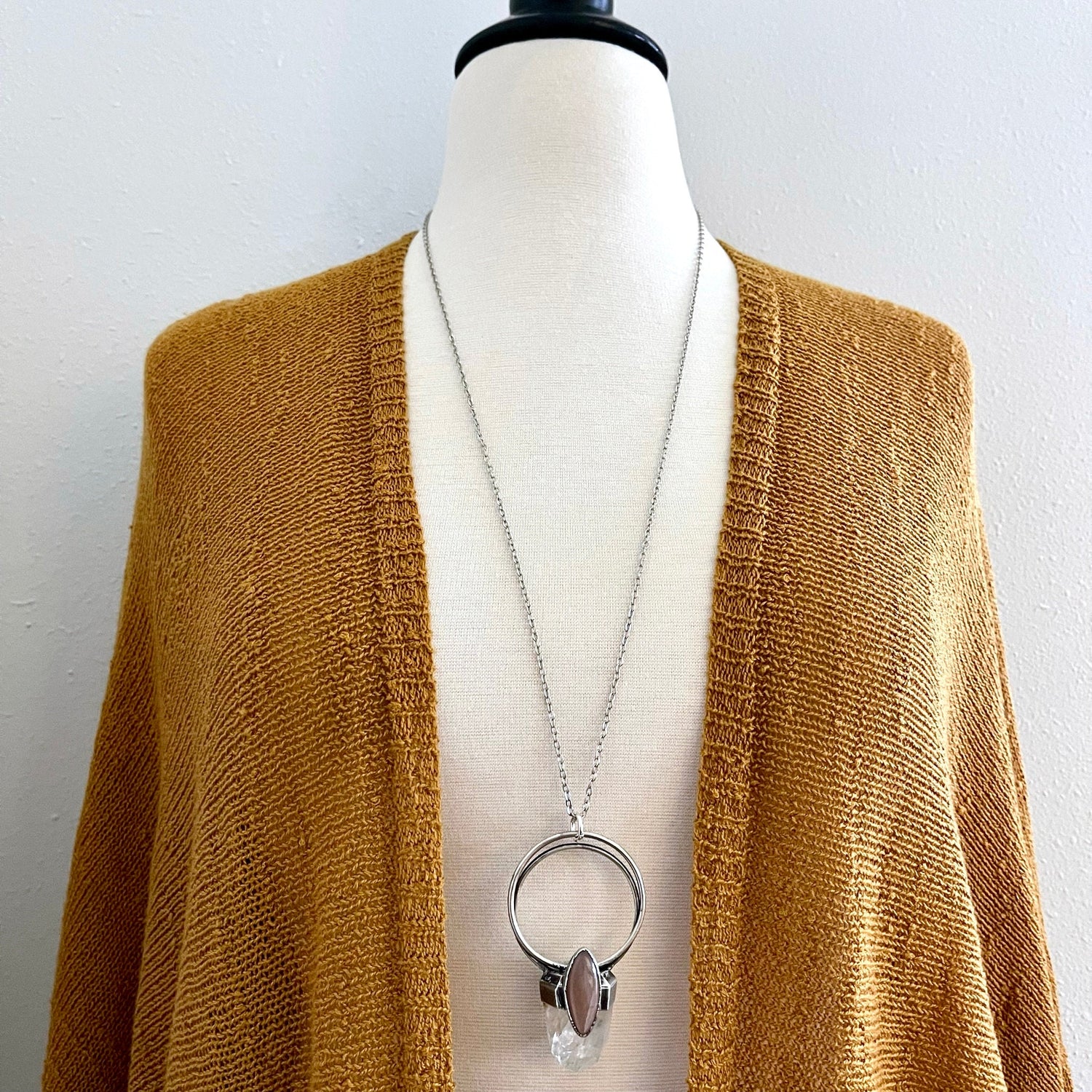 Clear Quartz & Peach Moonstone Crystal Statement Necklace in Fine Silver / Foxlark Collection - One of a Kind