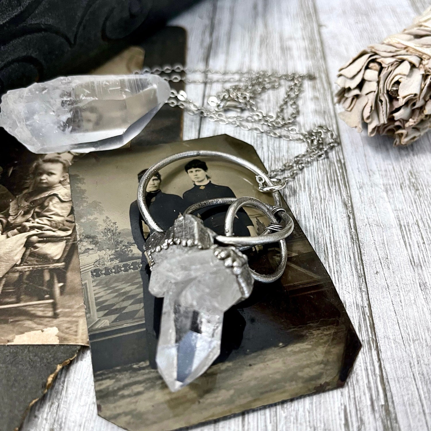 Raw Clear Quartz Cluster Crystal Statement Necklace in Fine Silver / Foxlark Collection - One of a Kind