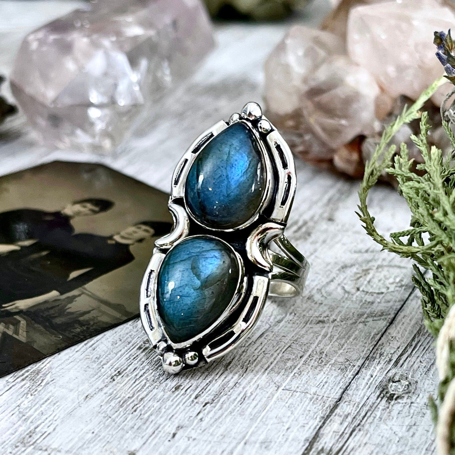 Mystic Moons Labradorite Crystal Ring Sterling Silver Designed FOXLARK Collection Size 6 7 8 9 10