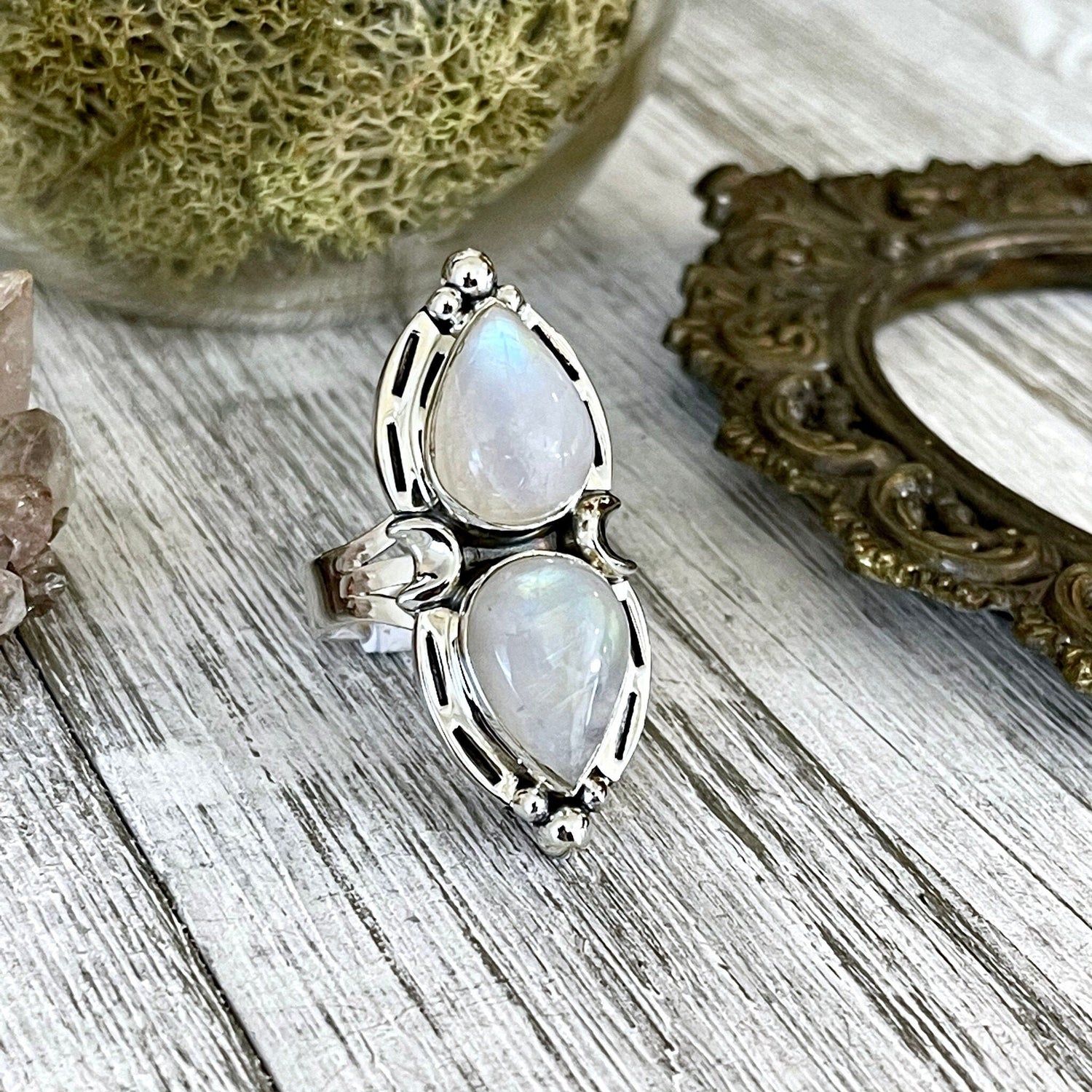 Mystic Moons Rainbow Moonstone Crystal Ring in Solid Sterling Silver- Designed by FOXLARK Collection Size 5 6 7 8 9 10 11