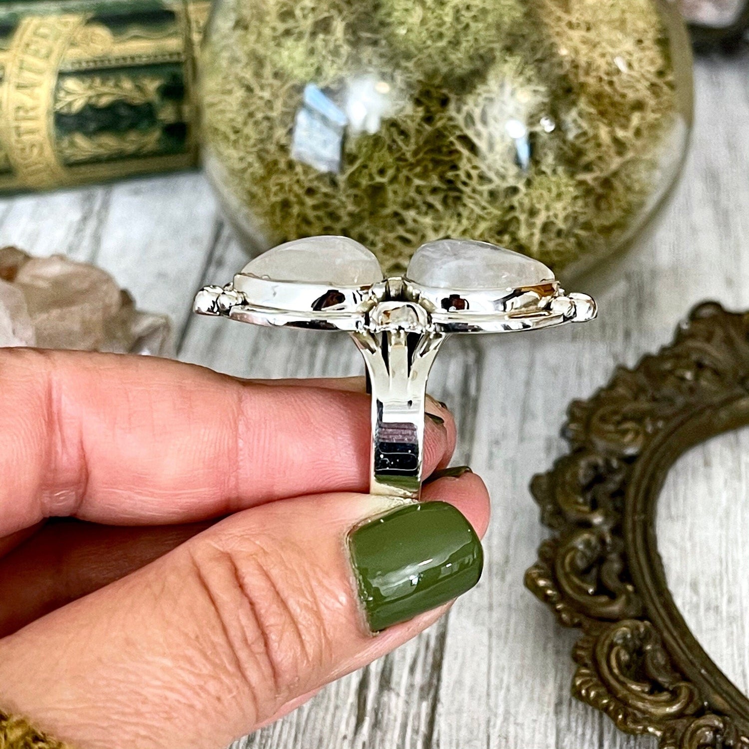 Mystic Moons Rainbow Moonstone Crystal Ring in Solid Sterling Silver- Designed by FOXLARK Collection Size 5 6 7 8 9 10 11