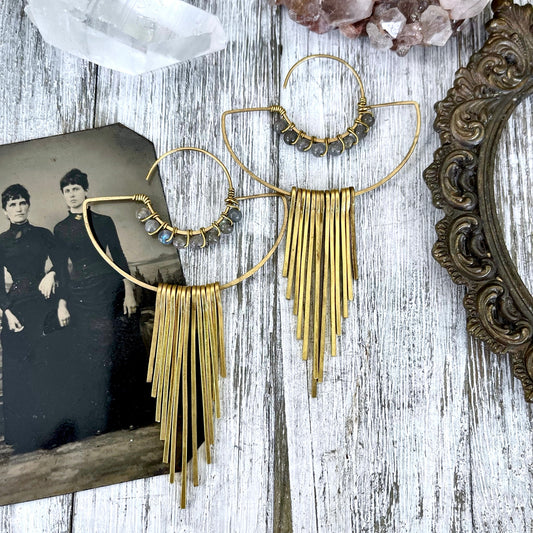 Large Brass and Labradorite Fringe Earrings - Foxlark Crystal Jewelry