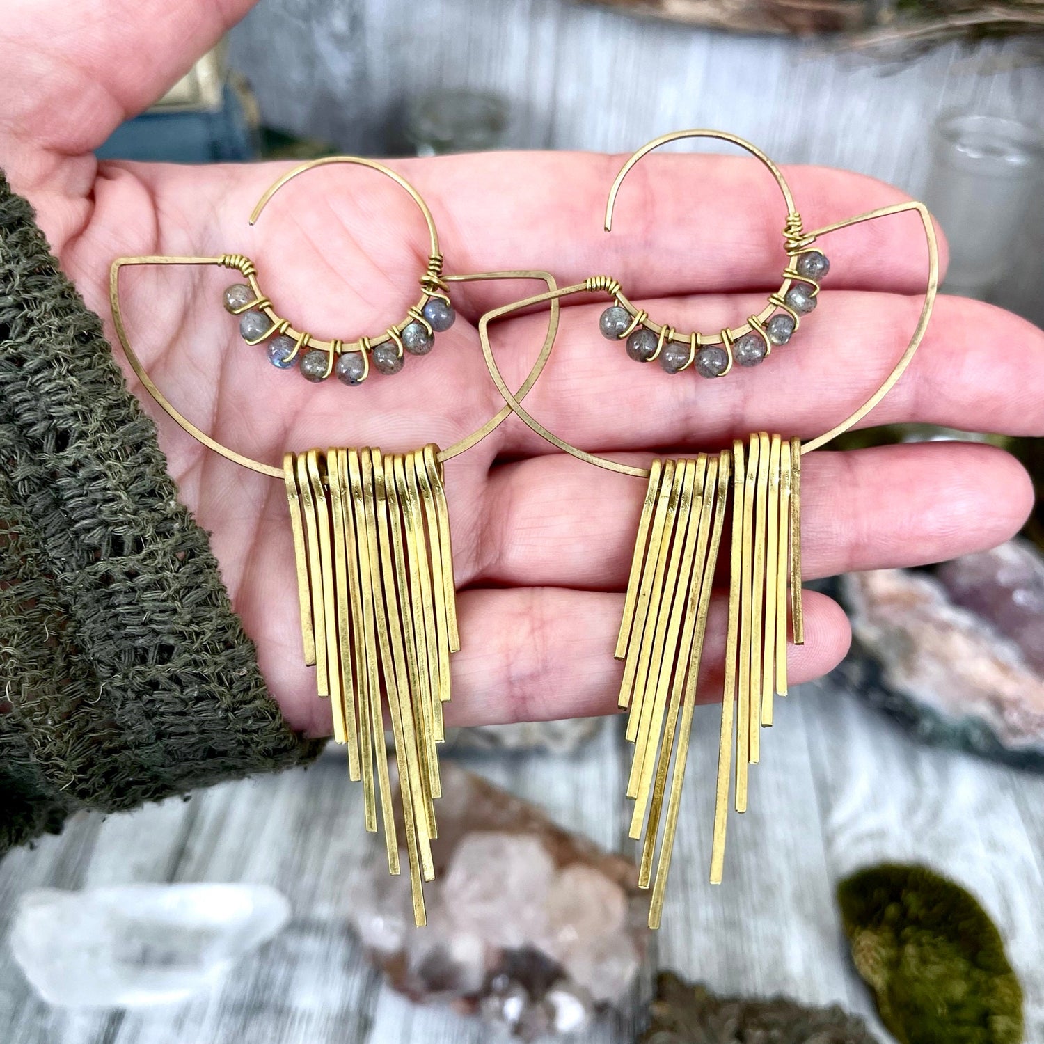 Large Brass and Labradorite Fringe Earrings
