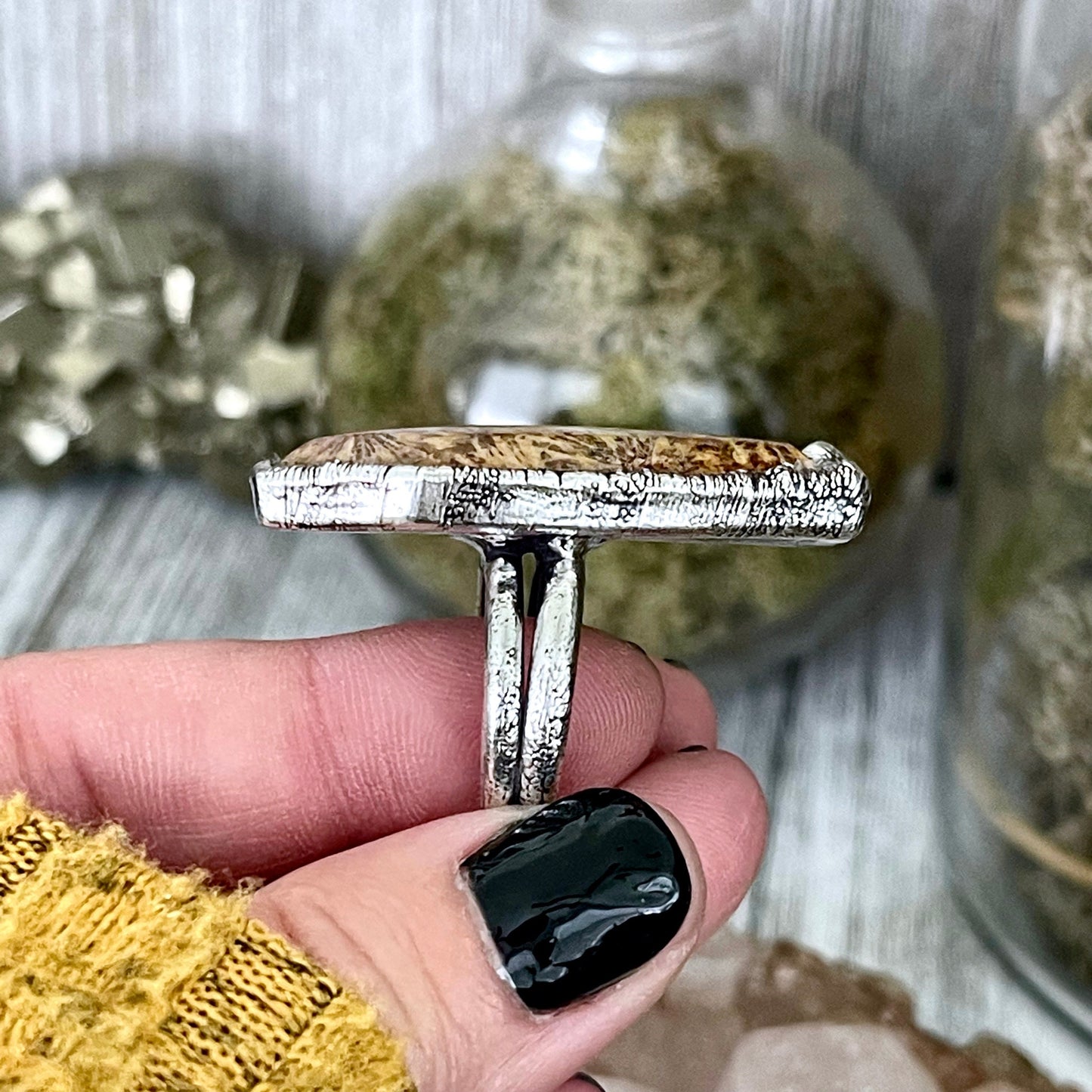 Size 8 Large Fossilized Coral Coffin Statement Ring in Fine Silver / Foxlark Collection - One of a Kind - Foxlark Crystal Jewelry
