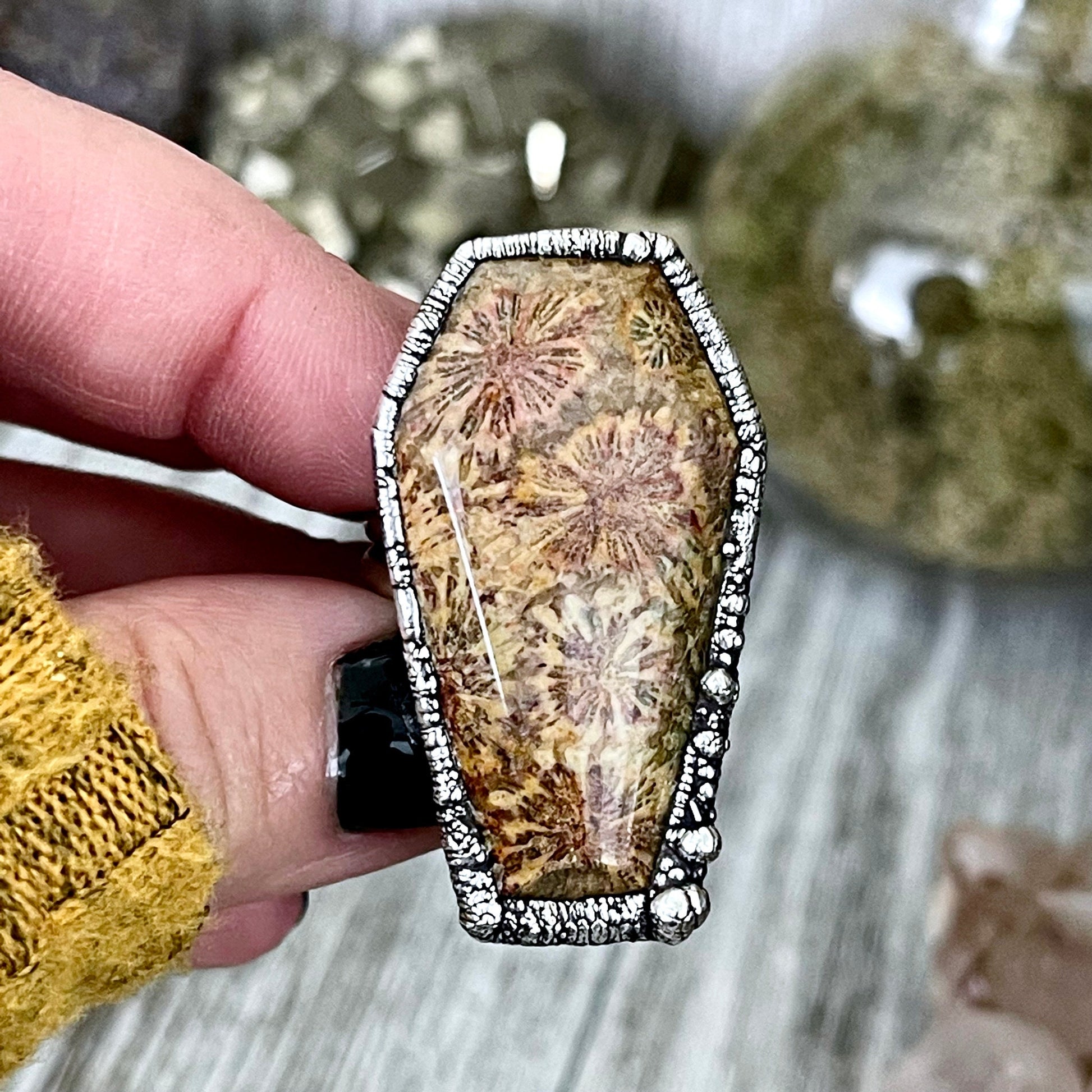 Size 8 Large Fossilized Coral Coffin Statement Ring in Fine Silver / Foxlark Collection - One of a Kind - Foxlark Crystal Jewelry