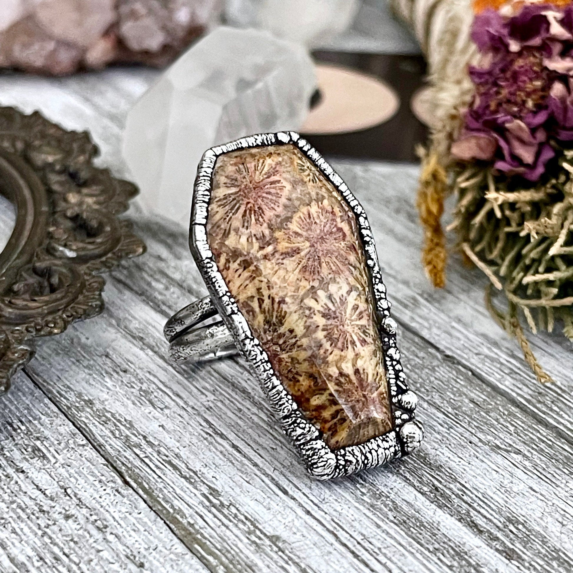 Size 8 Large Fossilized Coral Coffin Statement Ring in Fine Silver / Foxlark Collection - One of a Kind - Foxlark Crystal Jewelry