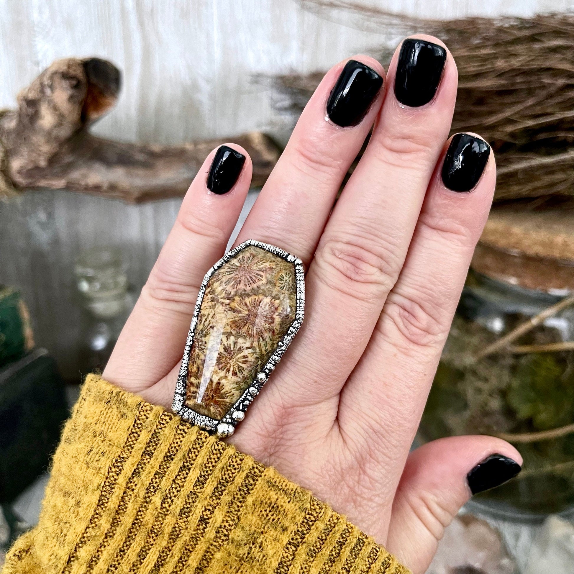 Size 8 Large Fossilized Coral Coffin Statement Ring in Fine Silver / Foxlark Collection - One of a Kind - Foxlark Crystal Jewelry
