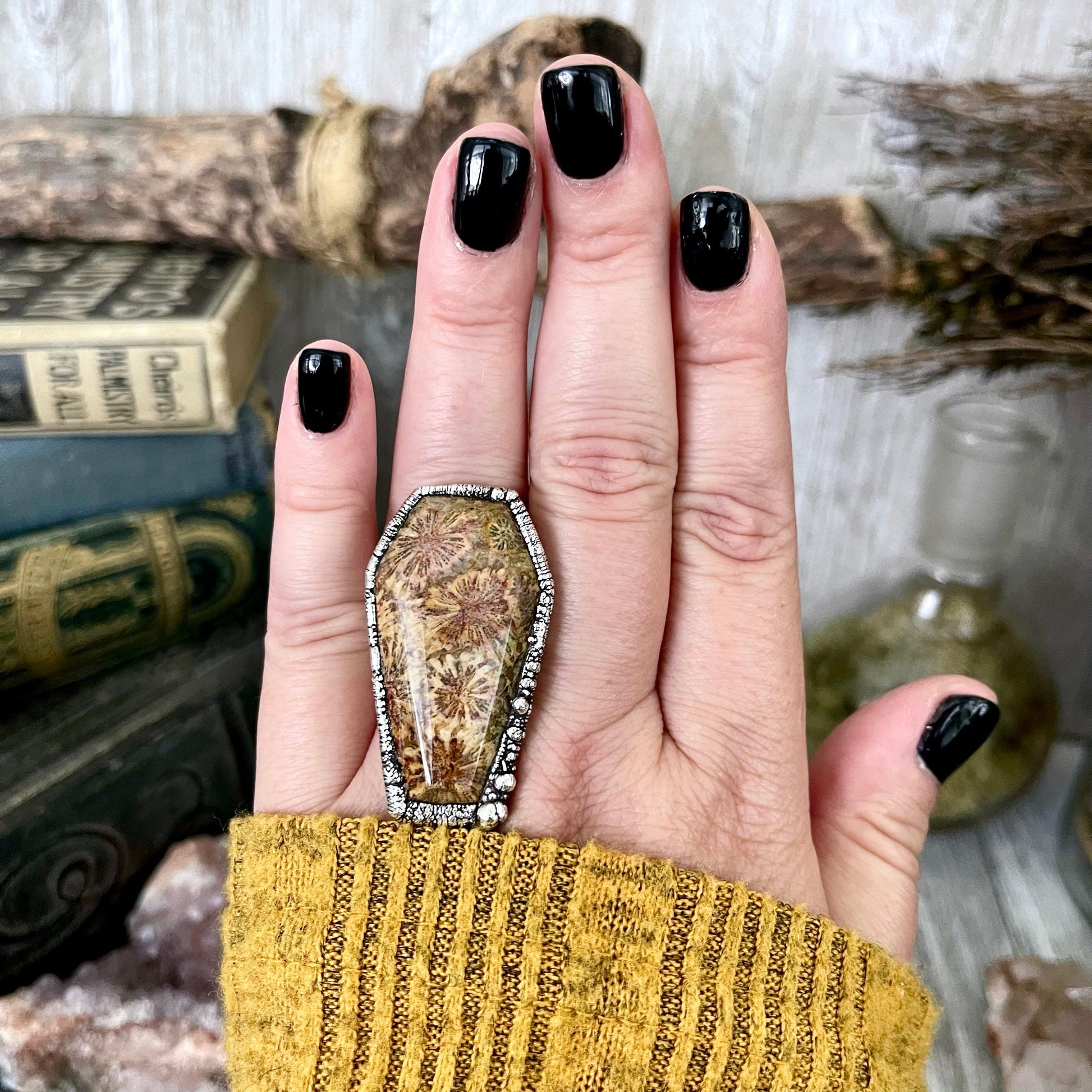 Size 8 Large Fossilized Coral Coffin Statement Ring in Fine Silver / Foxlark Collection - One of a Kind - Foxlark Crystal Jewelry