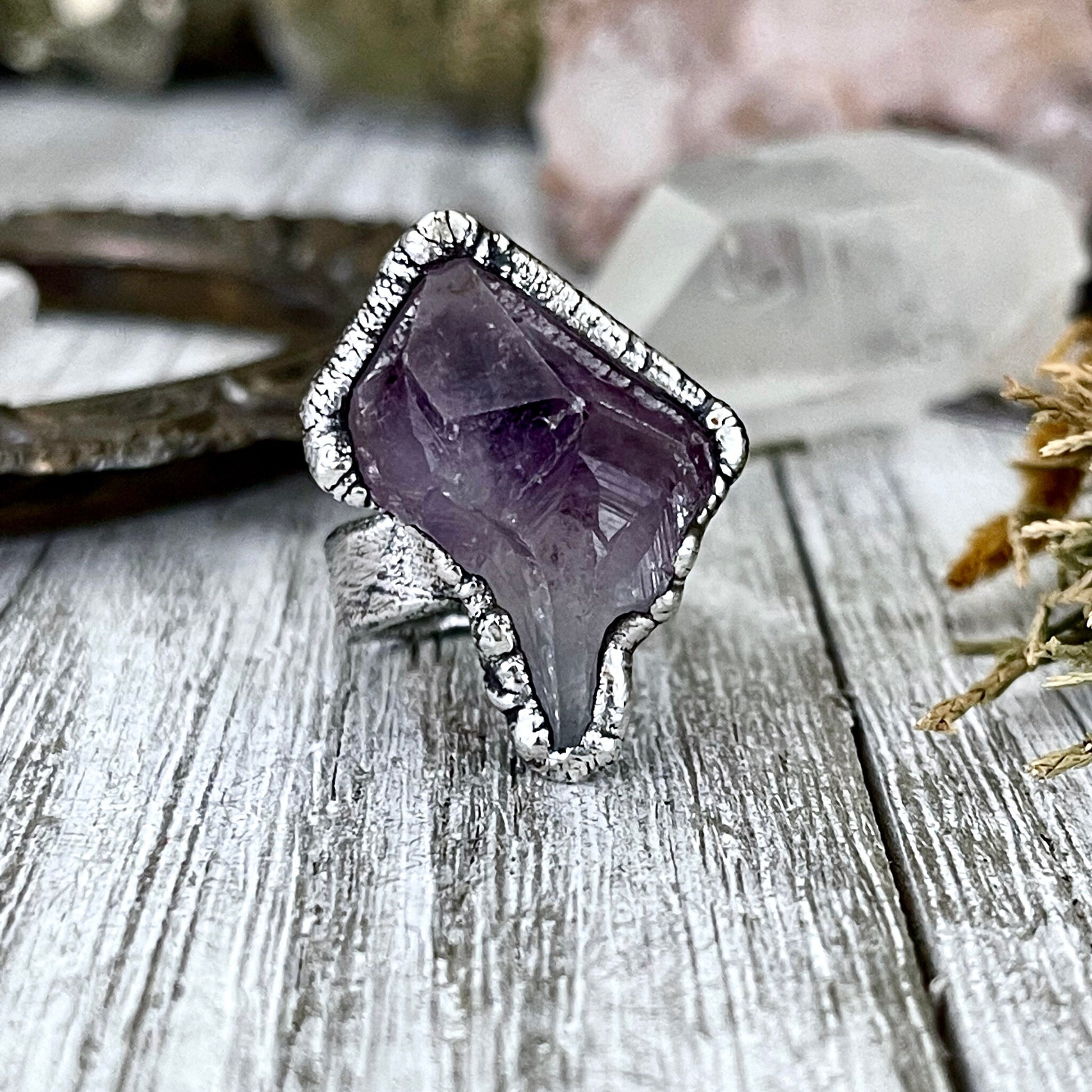 Size 6.5 Big Raw Amethyst Purple Crystal Ring in Fine Silver / Foxlark Collection - One of a Kind - Foxlark Crystal Jewelry