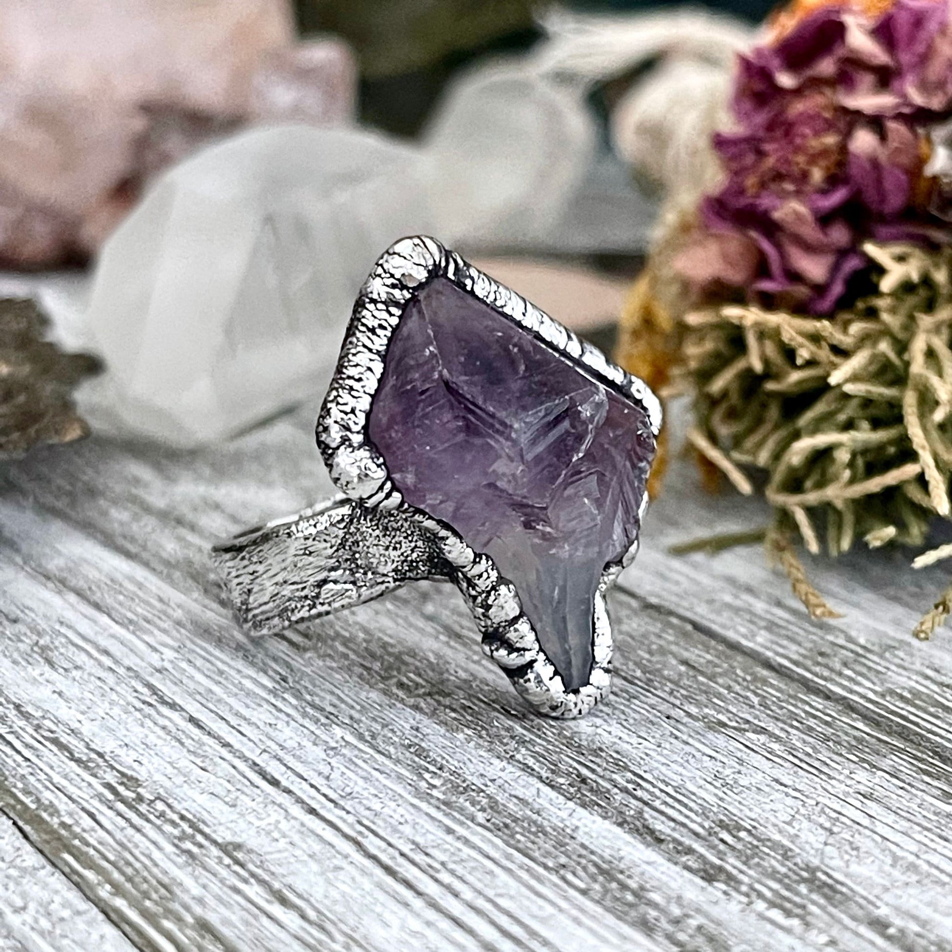 Size 6.5 Big Raw Amethyst Purple Crystal Ring in Fine Silver / Foxlark Collection - One of a Kind - Foxlark Crystal Jewelry