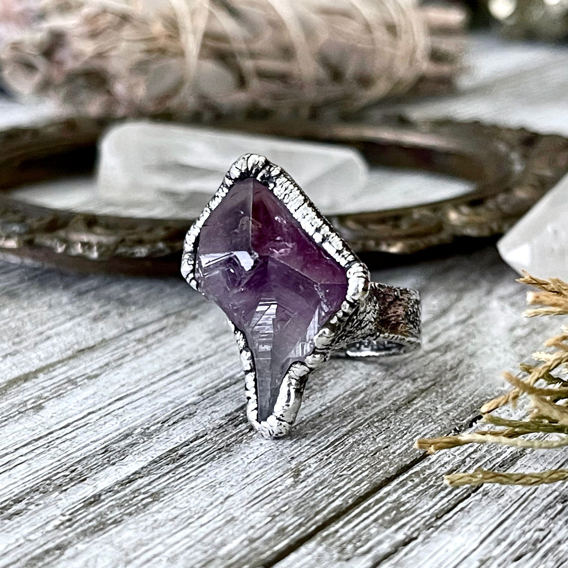 Size 6.5 Big Raw Amethyst Purple Crystal Ring in Fine Silver / Foxlark Collection - One of a Kind - Foxlark Crystal Jewelry